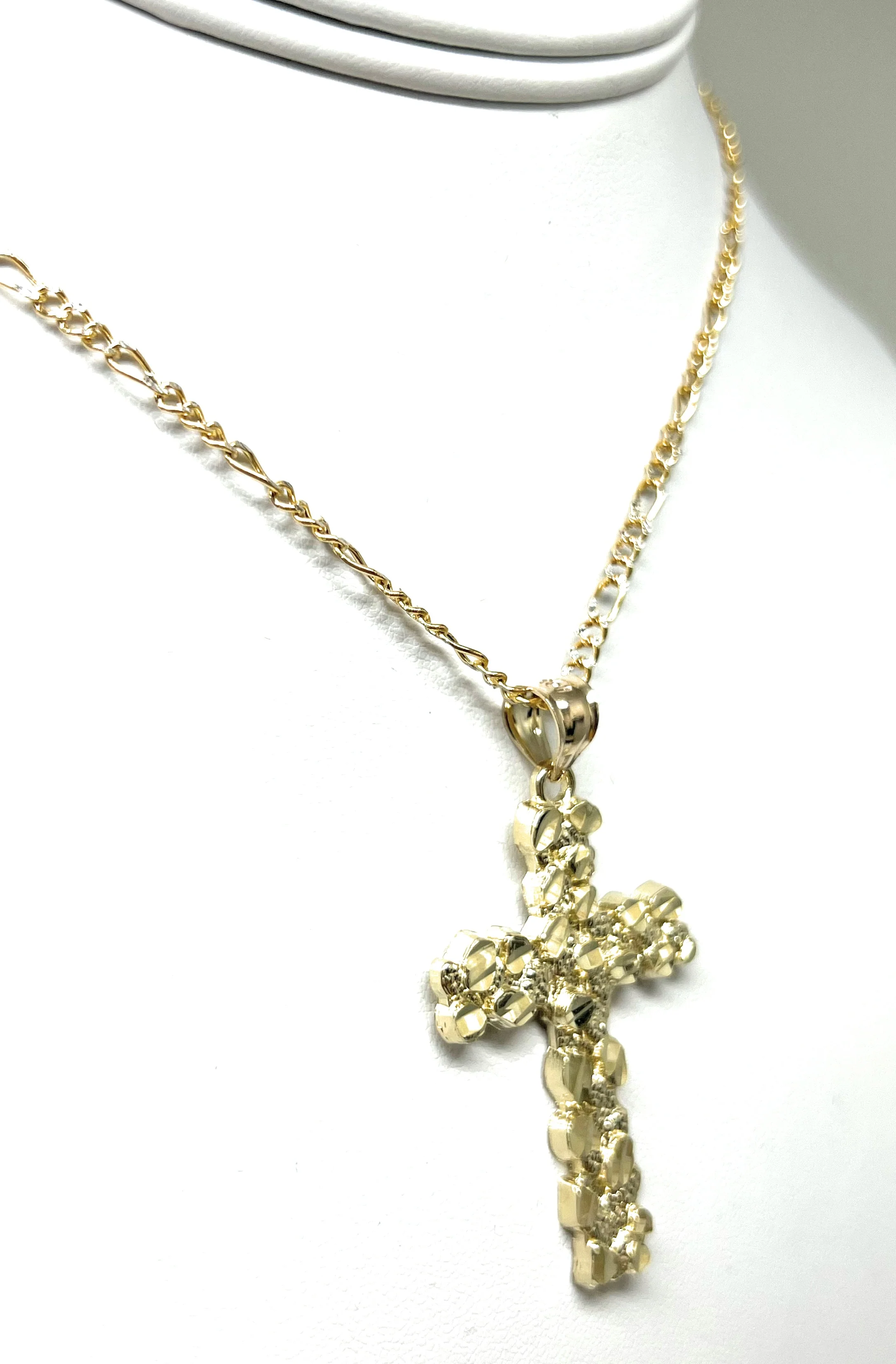 10k Solid Gold Yellow Nugget CROSS Pendant Necklace Figaro Chain (LG, MED, SM) - Image 7