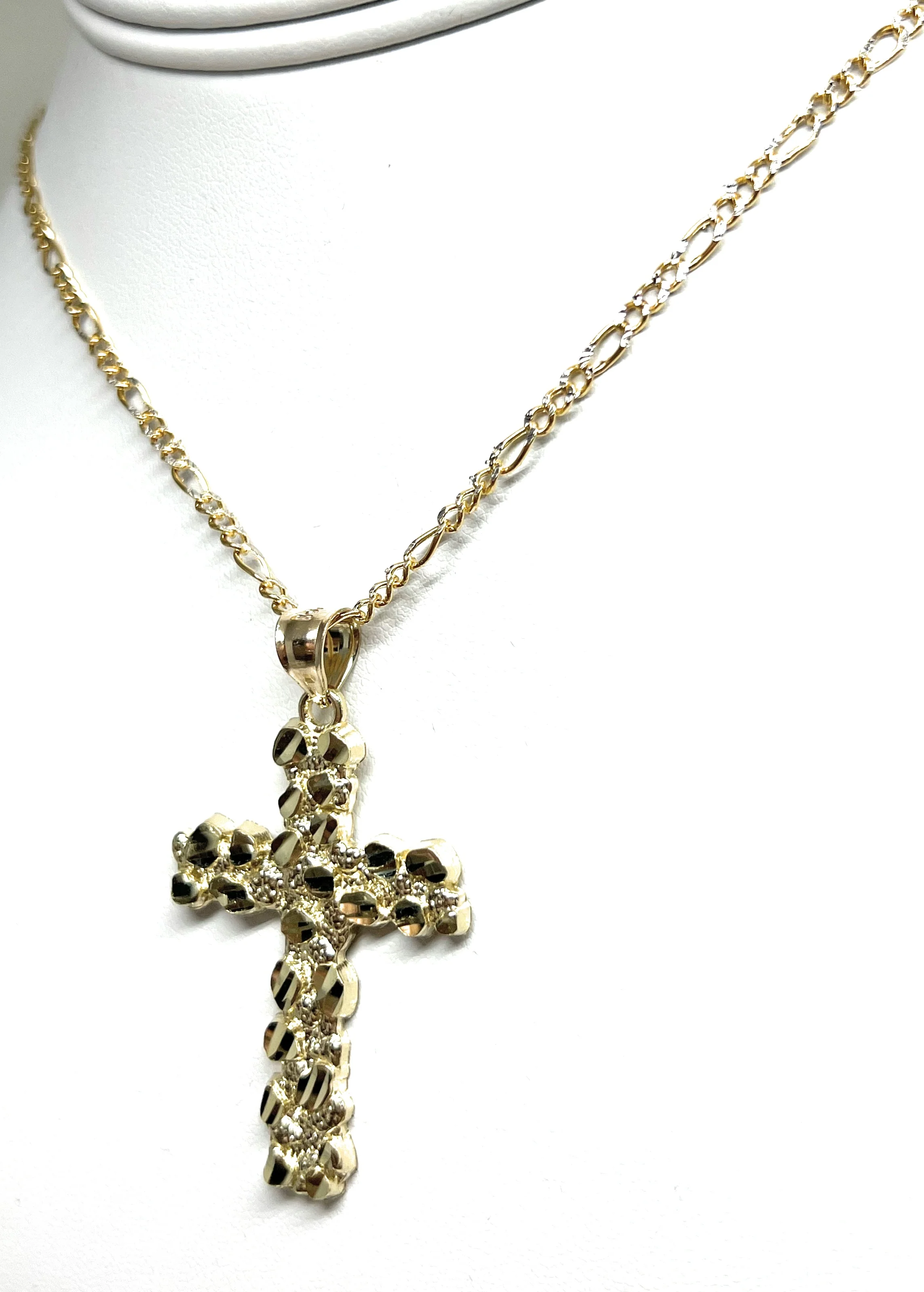 10k Solid Gold Yellow Nugget CROSS Pendant Necklace Figaro Chain (LG, MED, SM) - Image 8