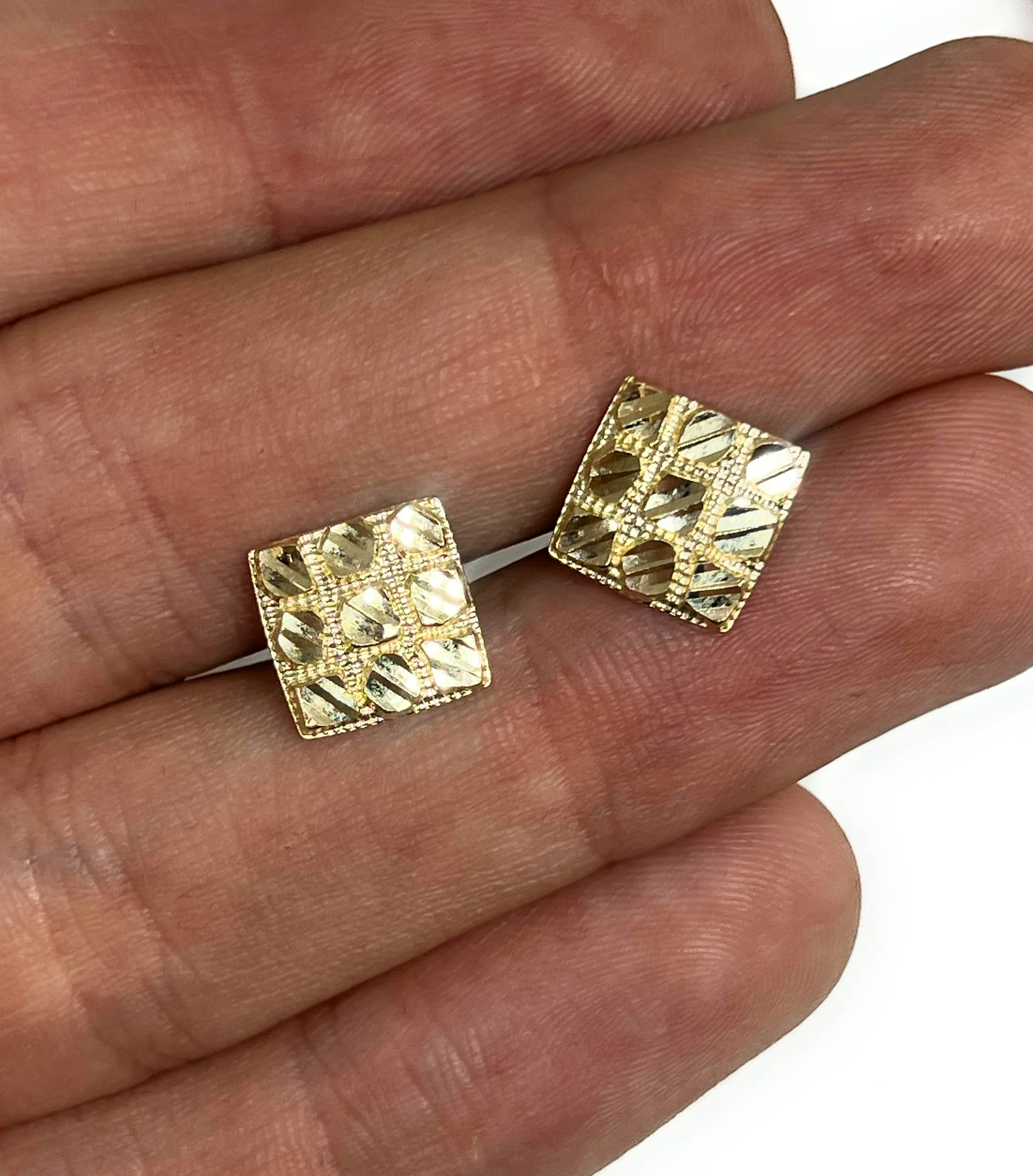 10k Solid Gold Yellow Nugget SQUARE Stud Earrings 12.5mm (SM, MED) - Image 2