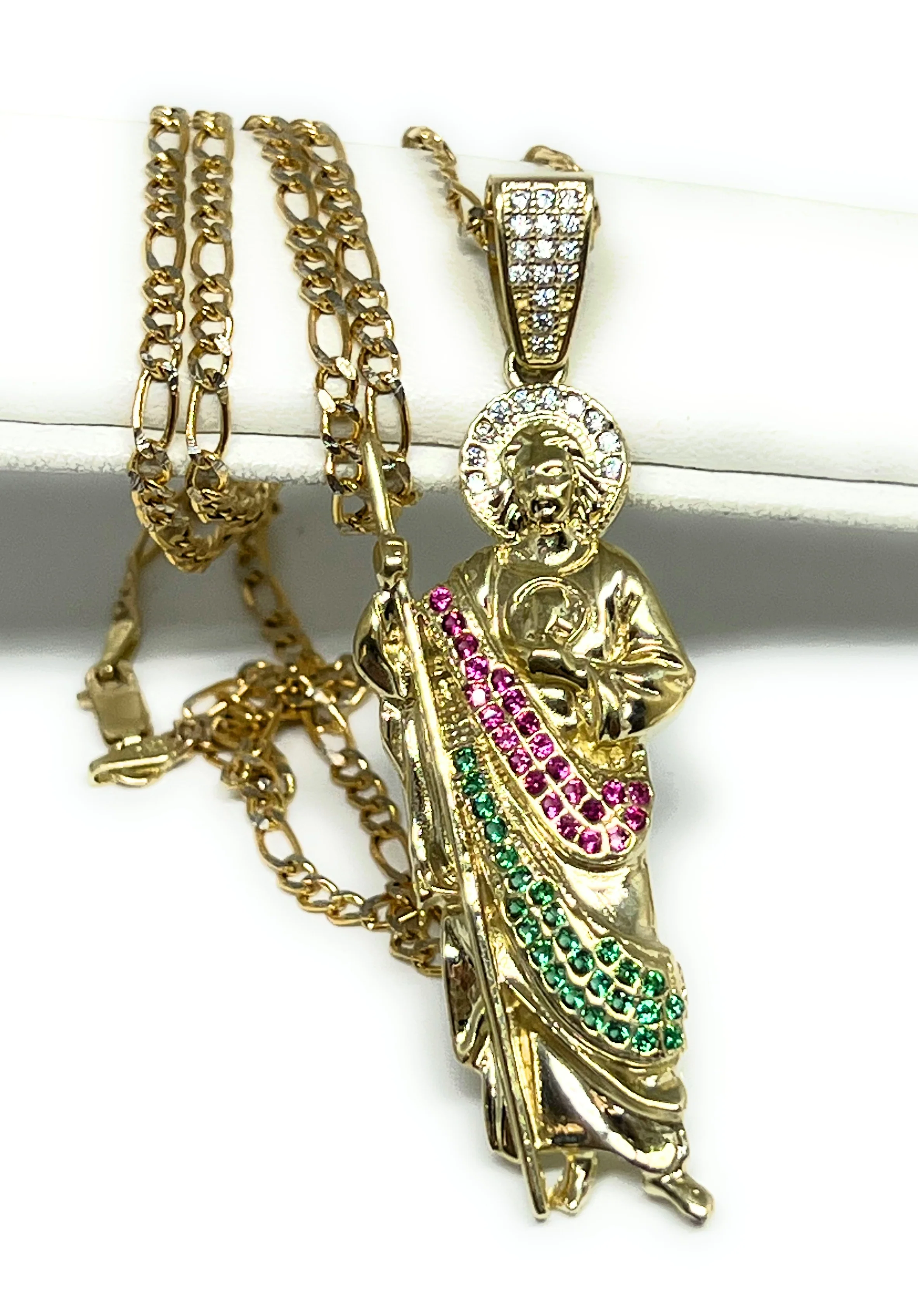 10k Solid Gold Yellow RED, GREEN, WHITE CZ Saan Judas Saaint Jude Pendant Figaro Chain (LG,MED,SM)