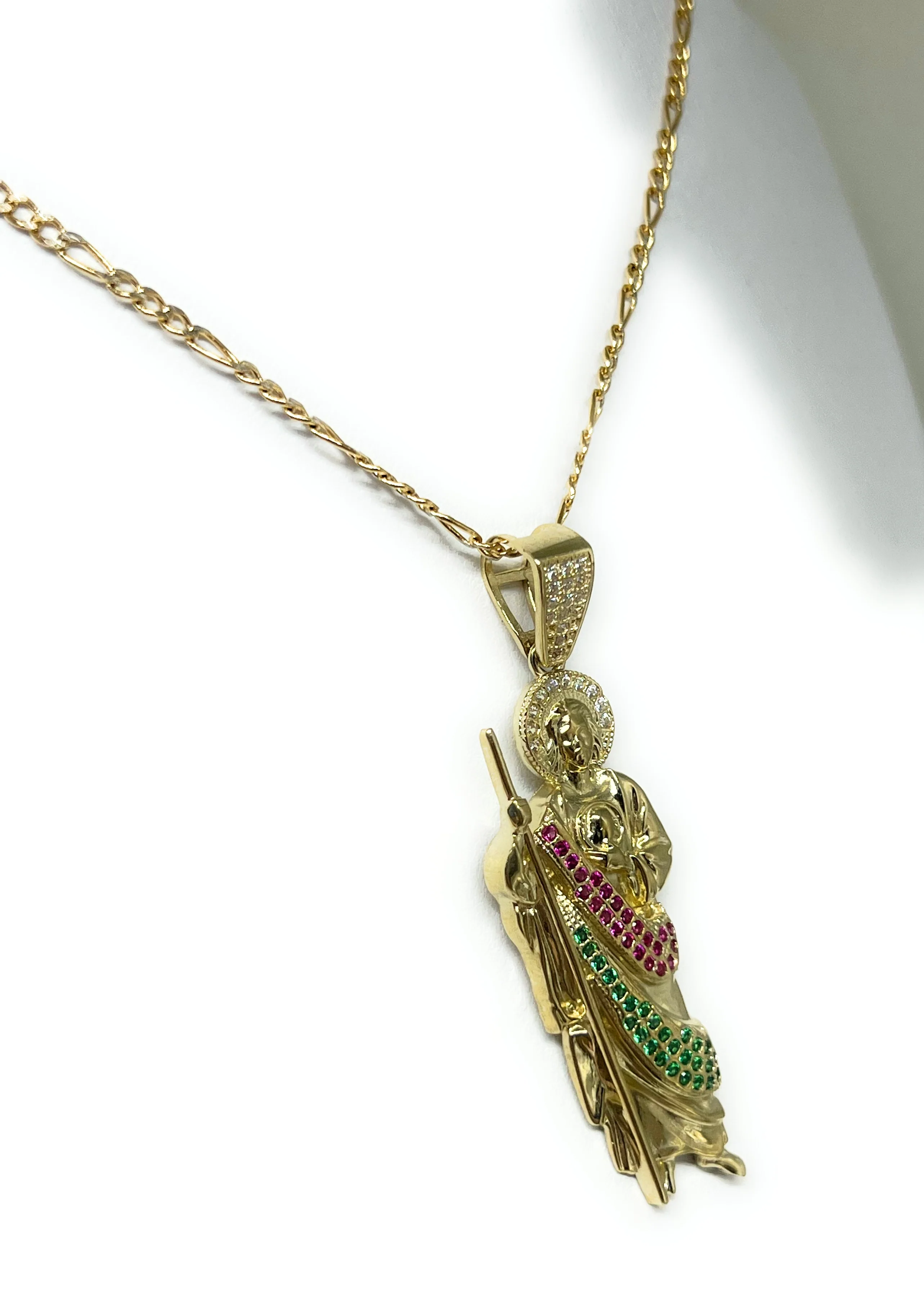 10k Solid Gold Yellow RED, GREEN, WHITE CZ Saan Judas Saaint Jude Pendant Figaro Chain (LG,MED,SM) - Image 6