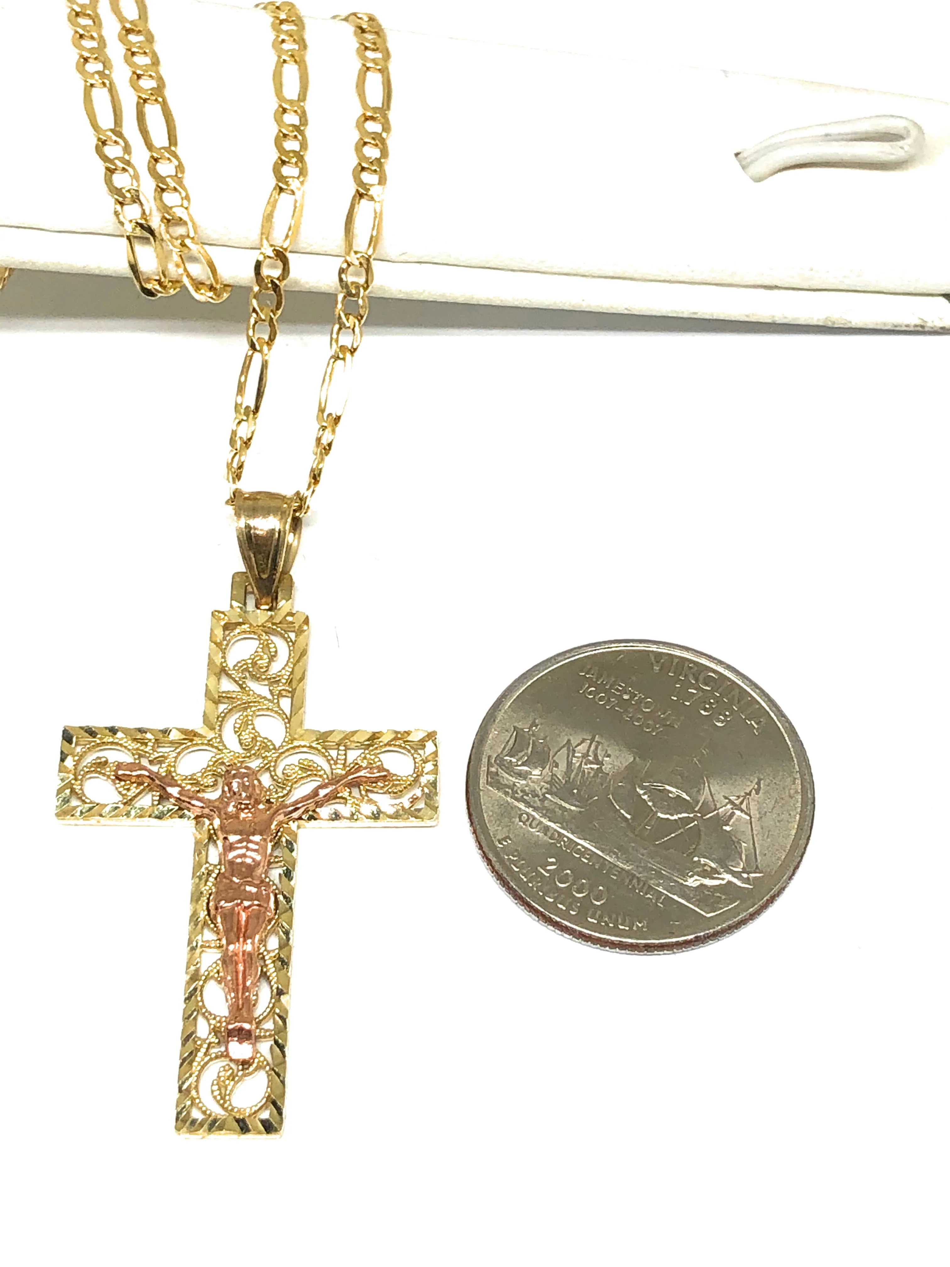 10k Solid Gold Yellow & Rose 2-Tone Filigran Jesus Cross Crucifix Pendant Necklace (SM, MED) - Image 3