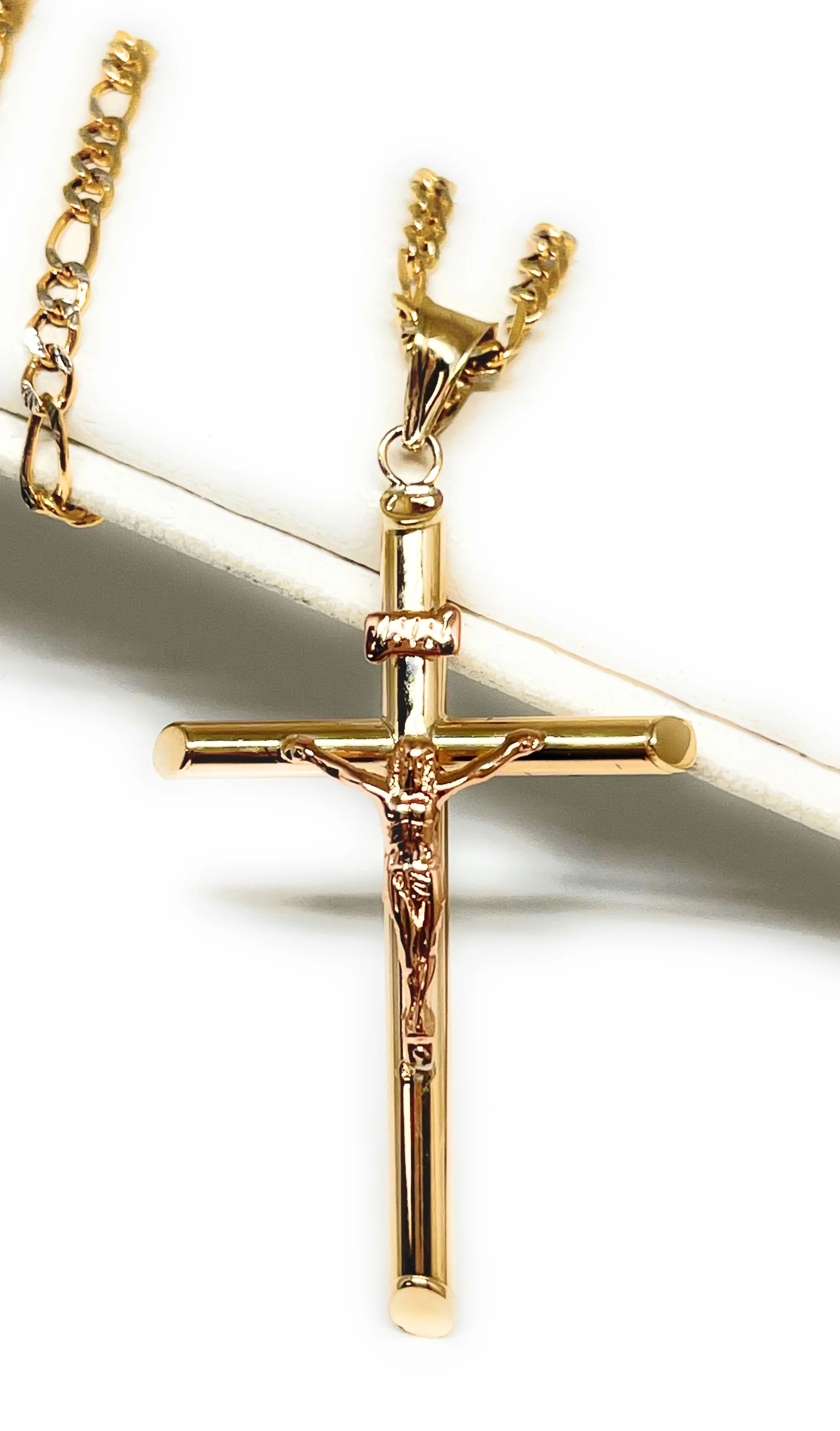 10k Solid Gold Yellow & Rose Gold Classic Jesus Cross Crucifix Pendant Necklace (SM, MED, LG) (MADE IN MX) - Image 6