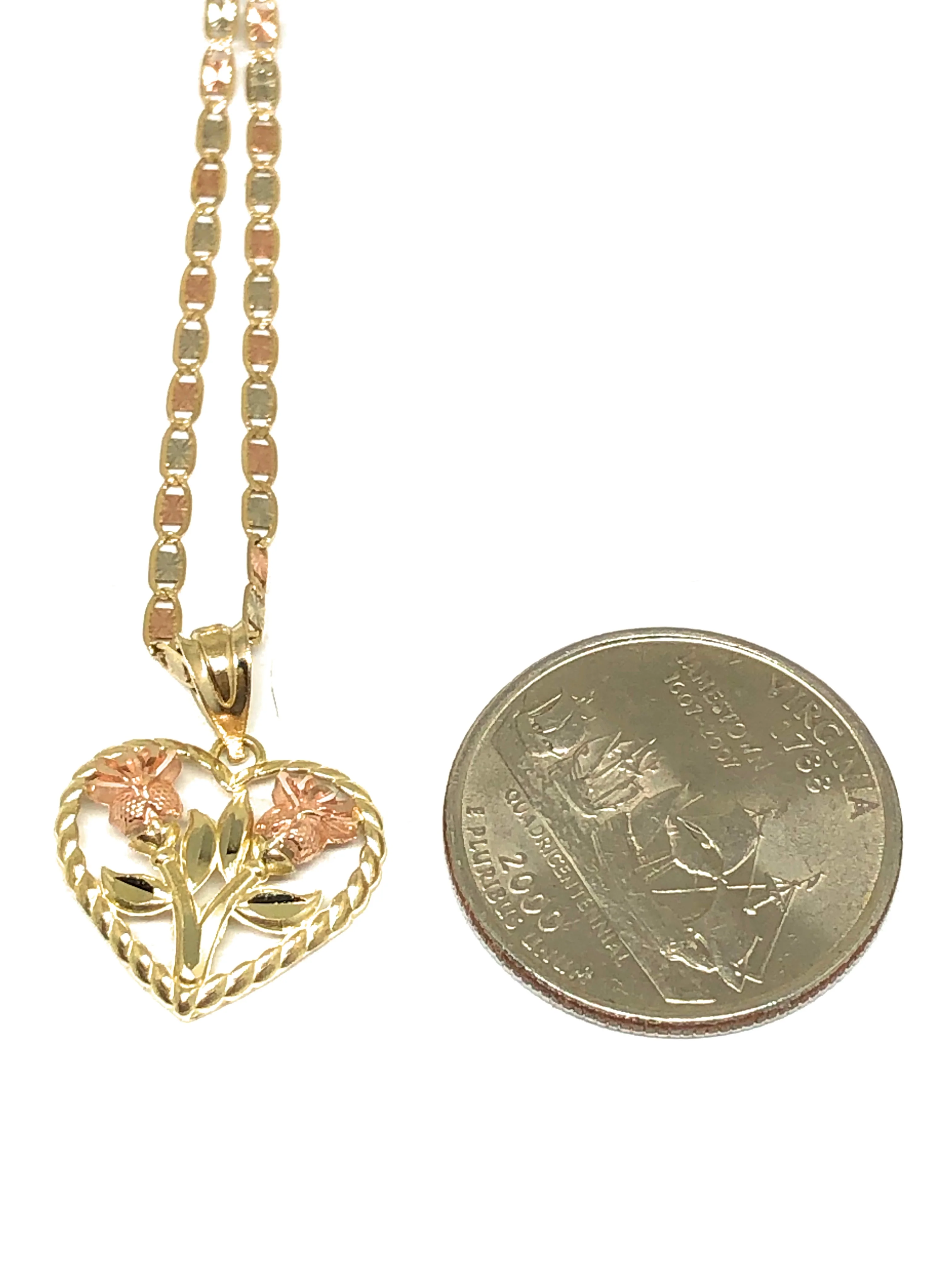 10k Solid Gold Yellow & Rose Gold Double Rose Flower Pendant Necklace Valentina Chain - Image 3