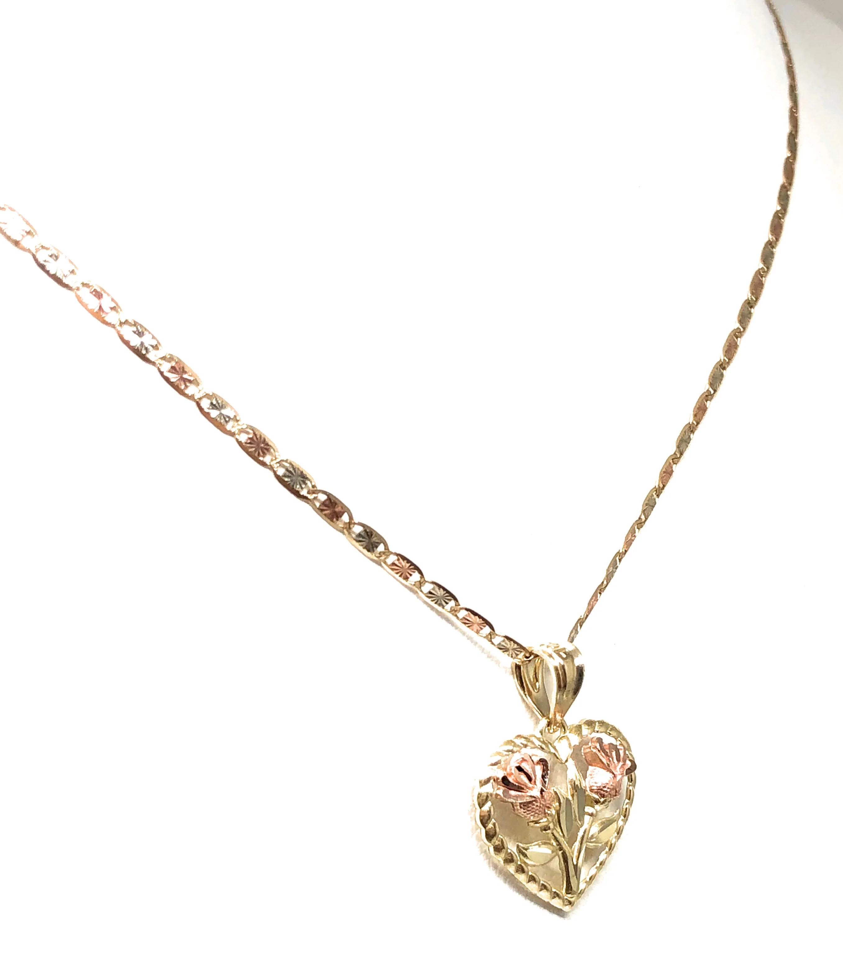 10k Solid Gold Yellow & Rose Gold Double Rose Flower Pendant Necklace Valentina Chain - Image 4