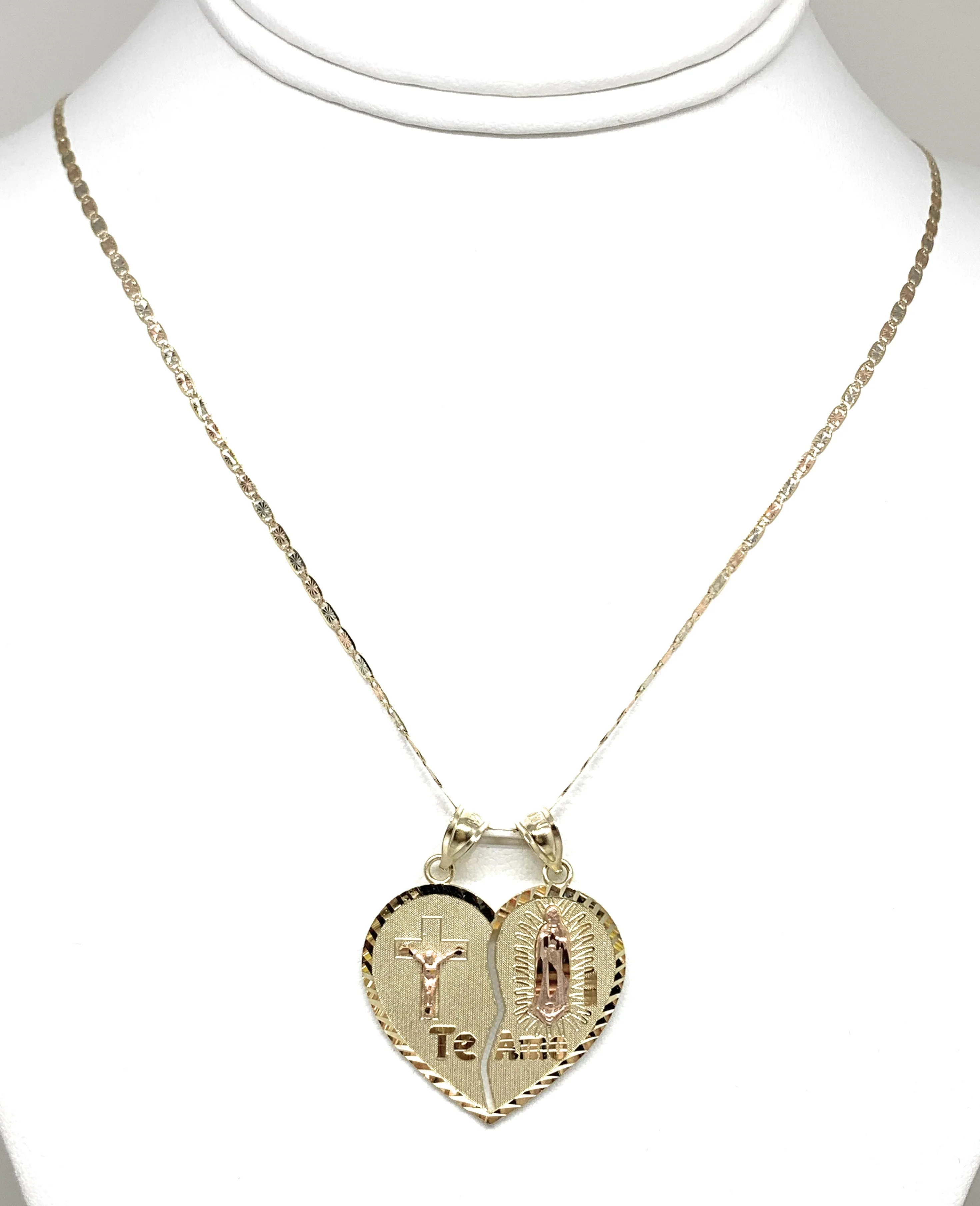 10k Solid Gold Yellow & Rose Gold Virrgin Mary Jesus Cristo "Te Amo" Heart Split Pendant (LG,MED) - Image 5