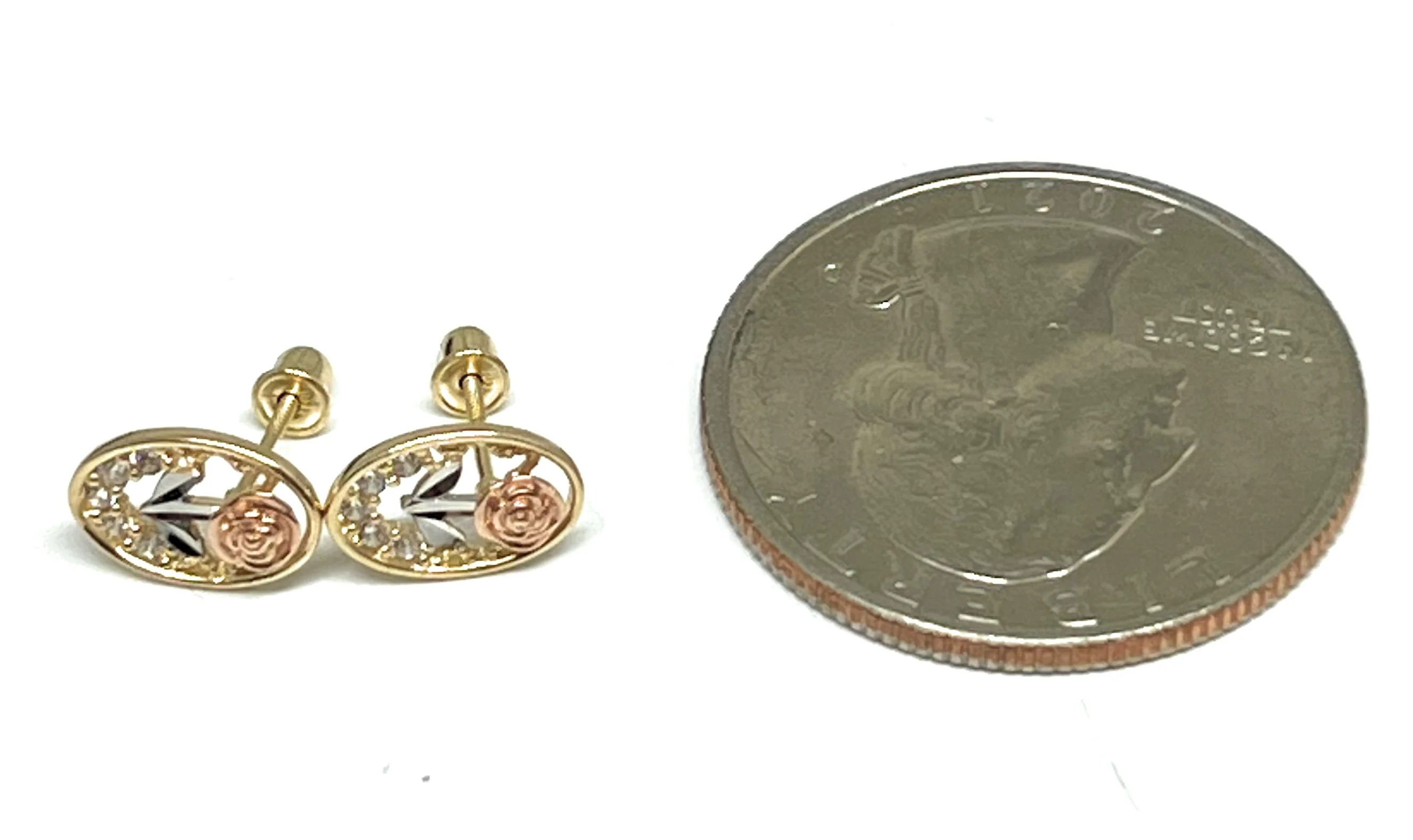 10k Solid Gold Tri-Color Flower Mini Dainty CZ Stud Earrings (FCE 11) - Image 3
