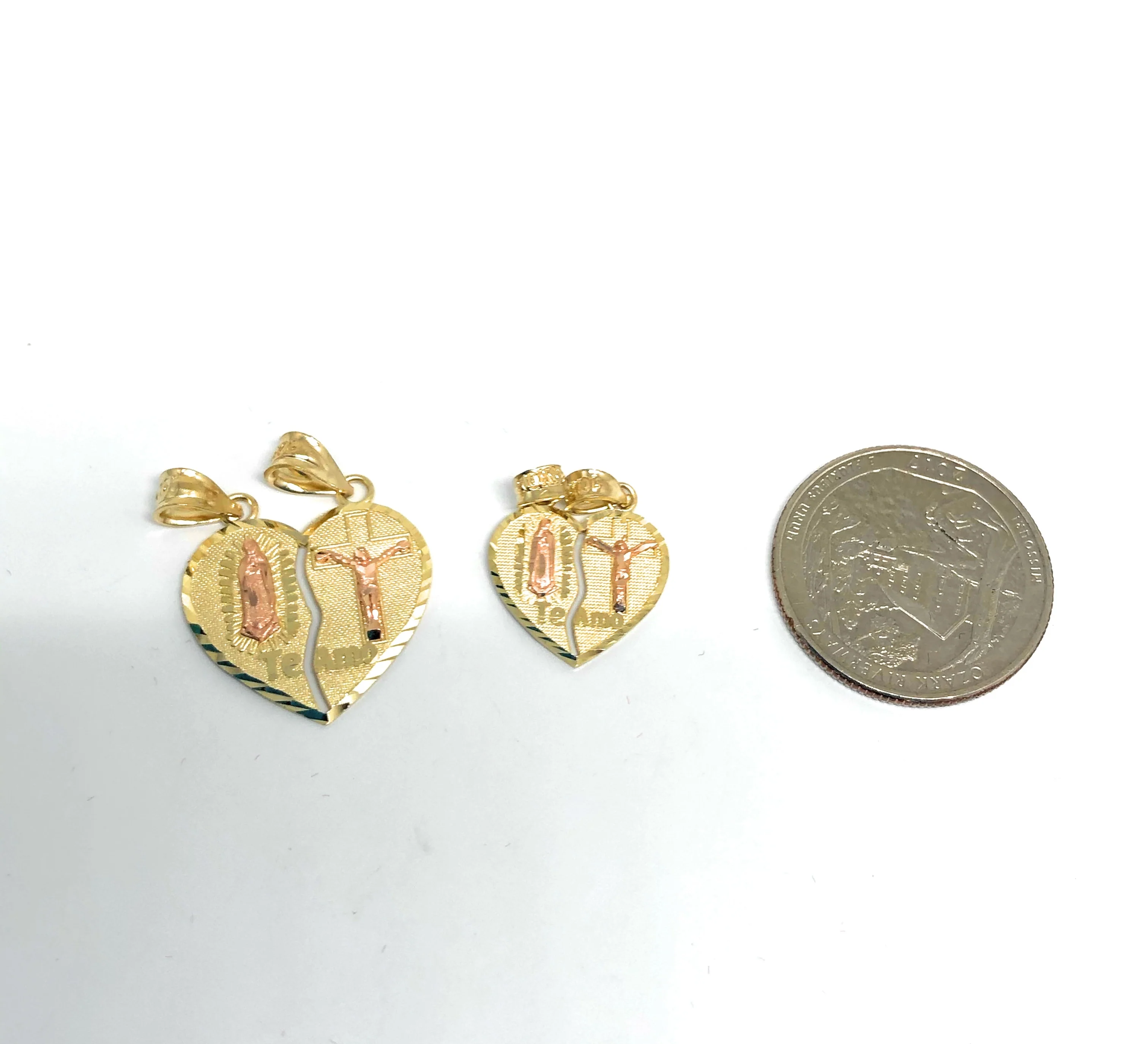 10k Solid Gold Yellow & Rose Gold Virrgin Mary "Te Amo" Heart Split Pendant (XS,SM) - Image 3