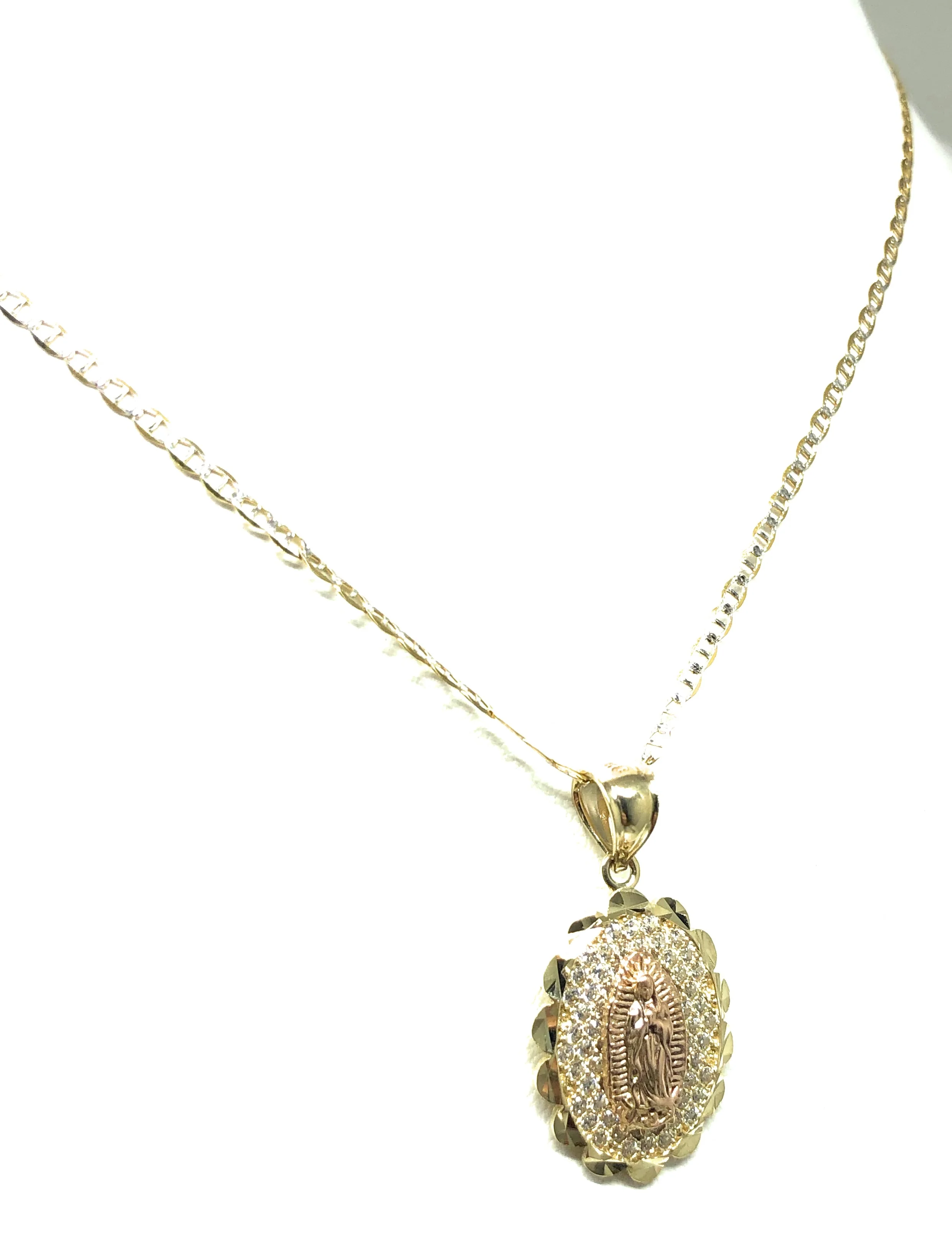 10k Solid Gold Yellow & Rose Gold Virrgin Mary Cubic Zirconia Pendant Necklace Virrgen Gaudalupe - Image 10