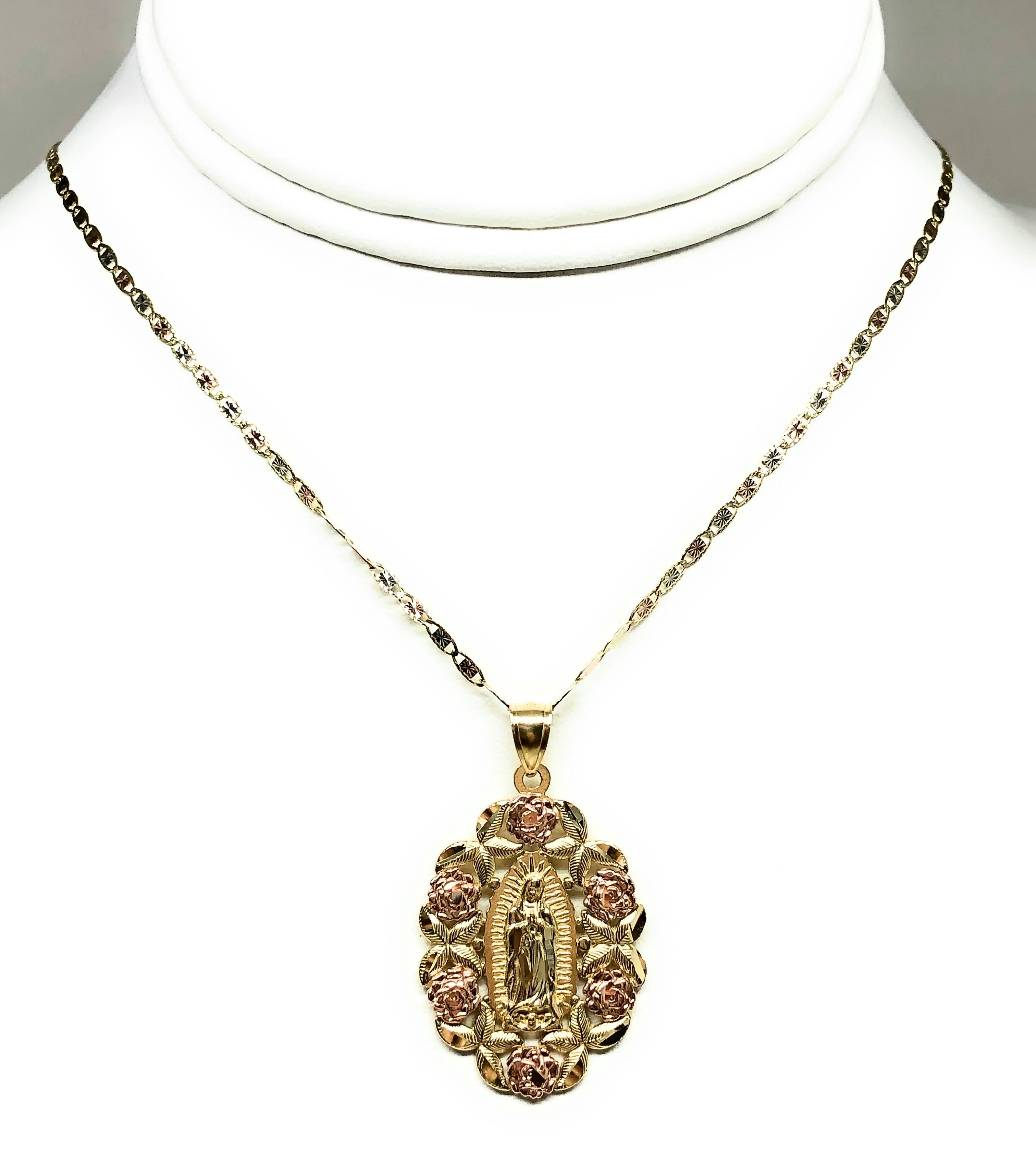 10k Solid Gold Yellow & Rose Gold Virrgin Mary Flower Pendant Necklace Virrgen Gaudalupe Valentina Chain (LG) - Image 4