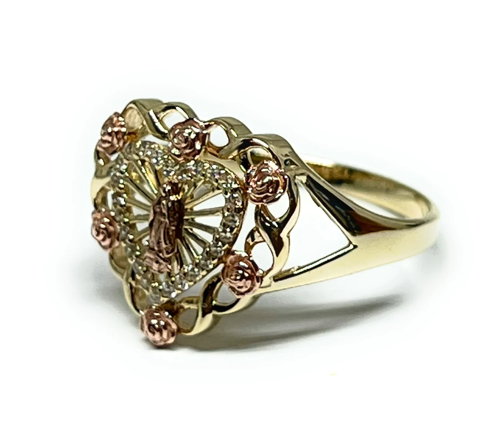 10k Solid Gold Yellow & Rose Gold VIRRGIN MARY FLOWER Ring (FC 253) - Image 3