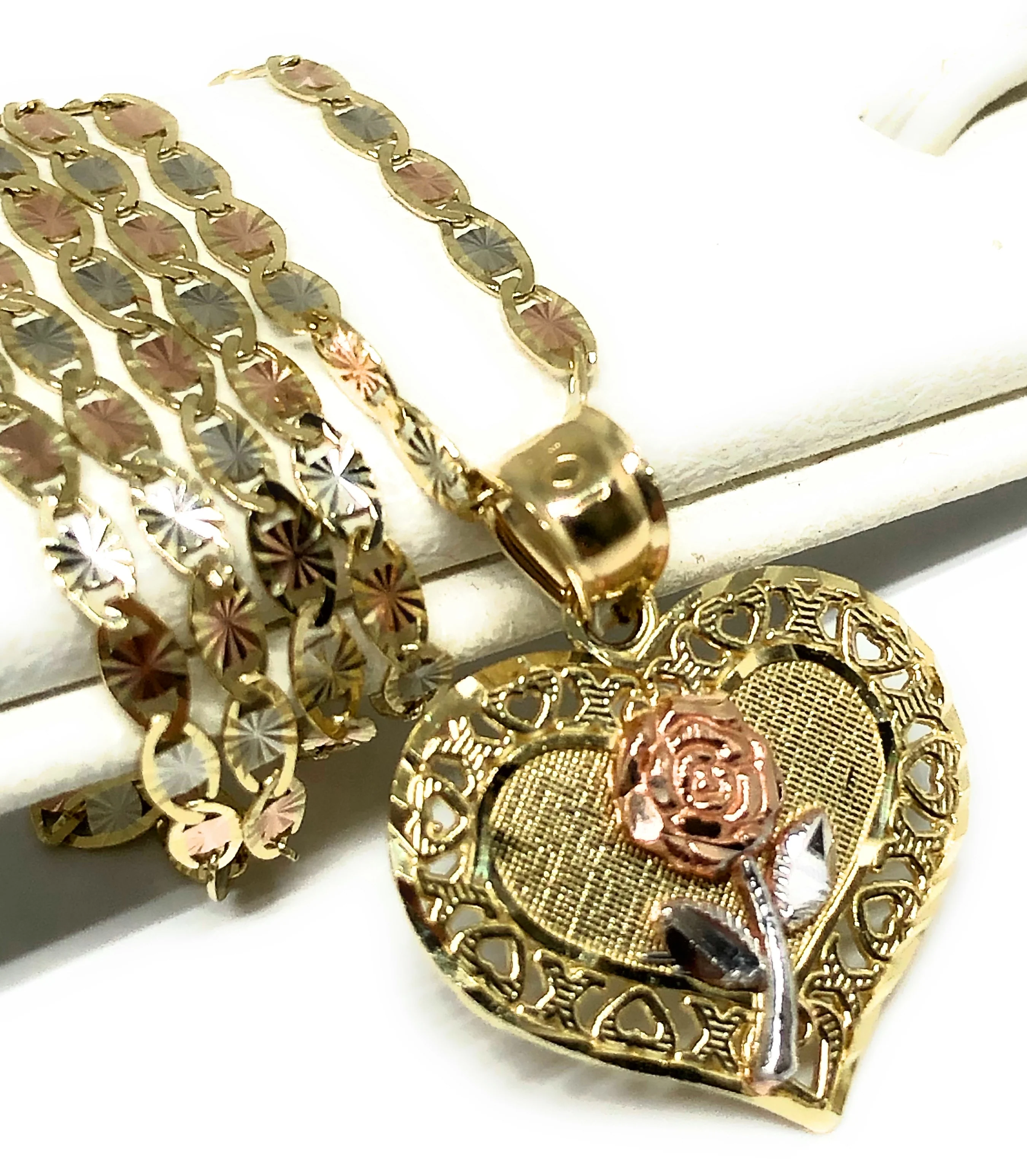 10k Solid Gold Yellow & Rose Heart Pendant Necklace Valentina Chain - Image 3