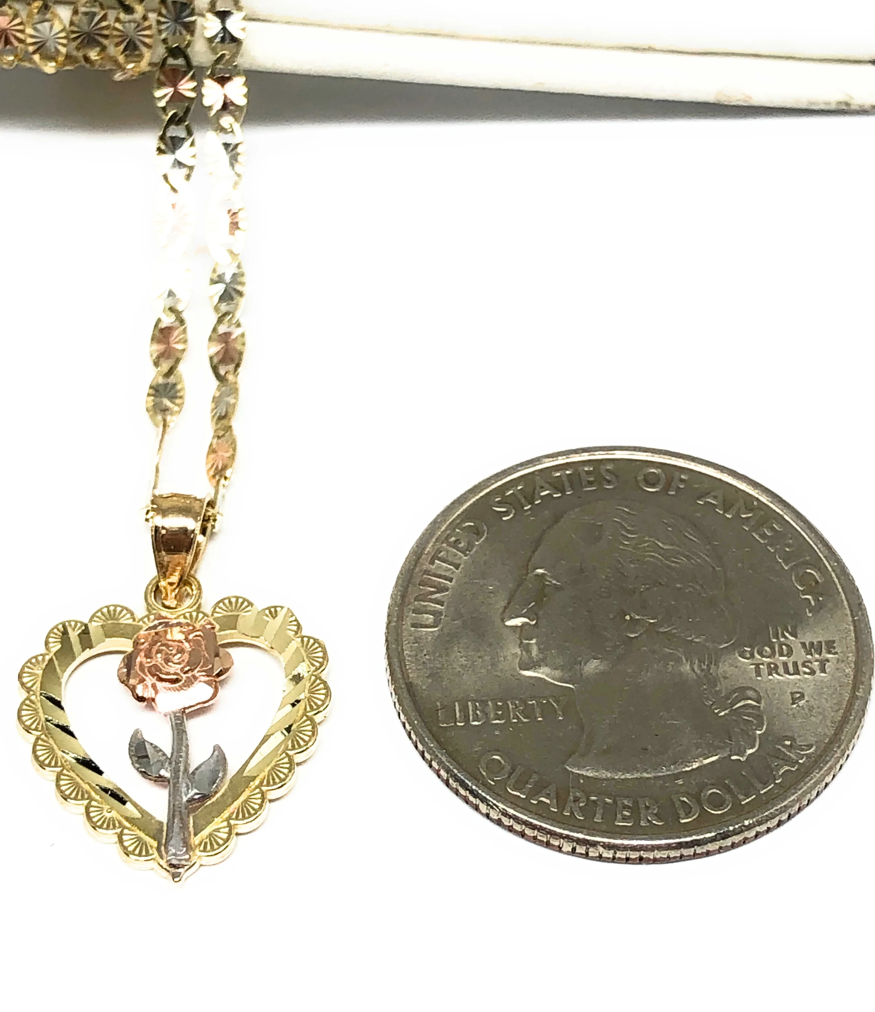 10k Solid Gold Yellow & Rose Heart Pendant Necklace Valentina Chain - Image 2