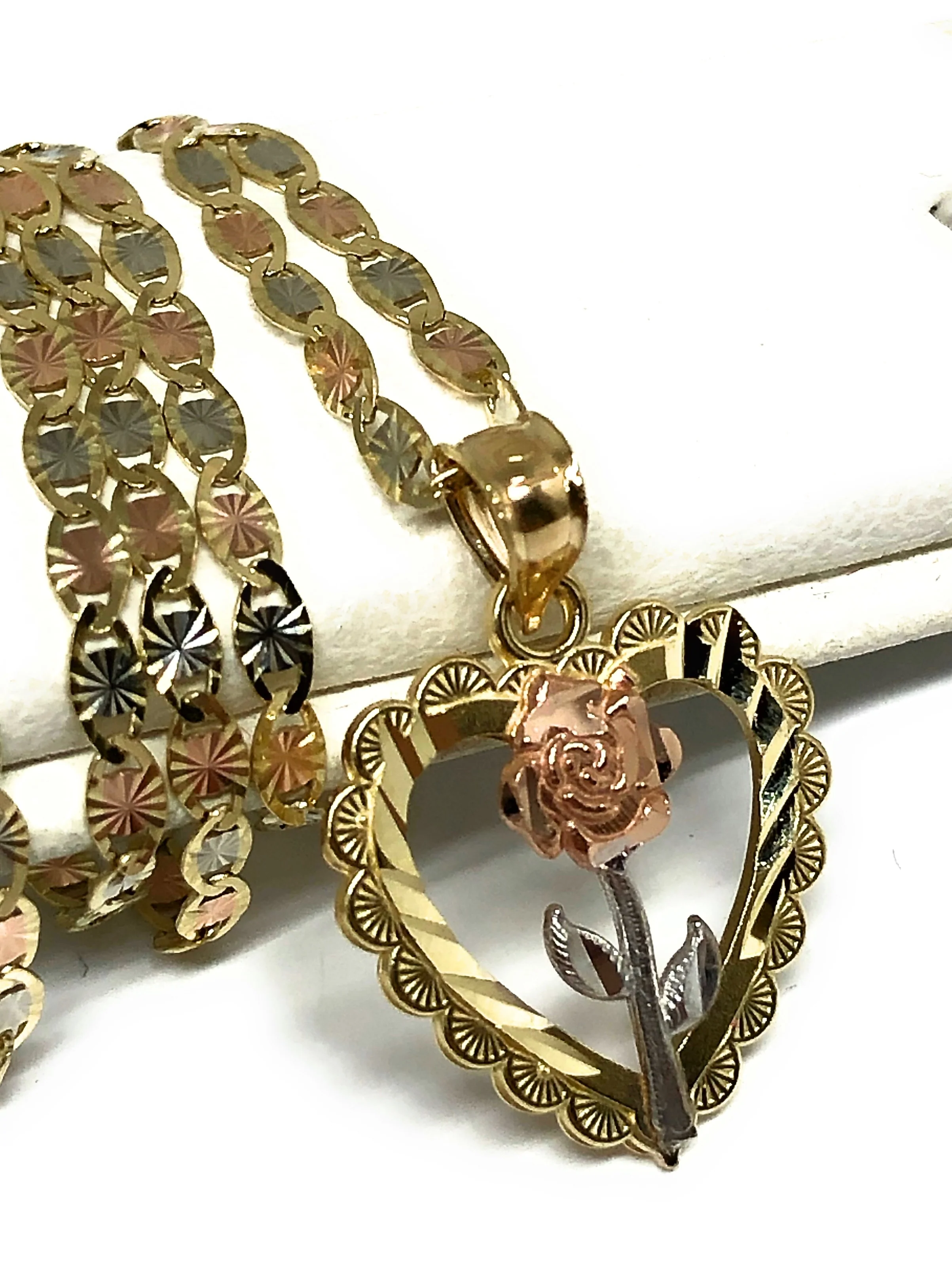 10k Solid Gold Yellow & Rose Heart Pendant Necklace Valentina Chain - Image 3