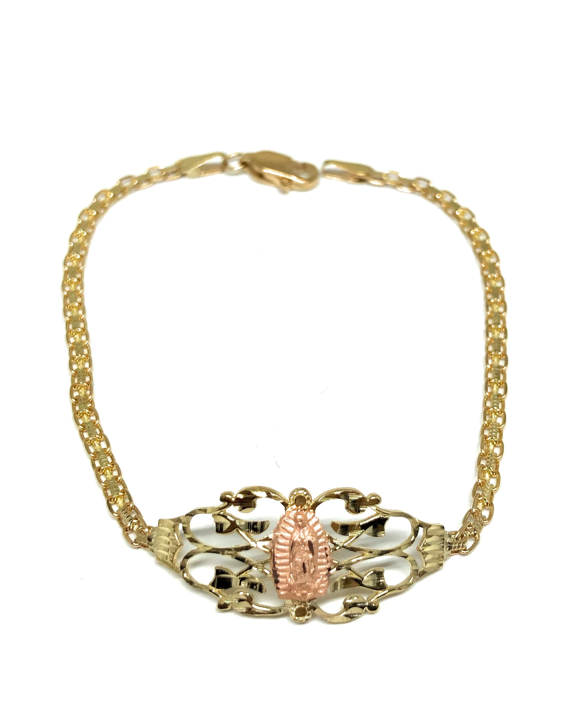 10k Solid Gold Yellow & Rose Virrgin Mary Filigran Brracelet 7 inch Virrgen Guadalupe