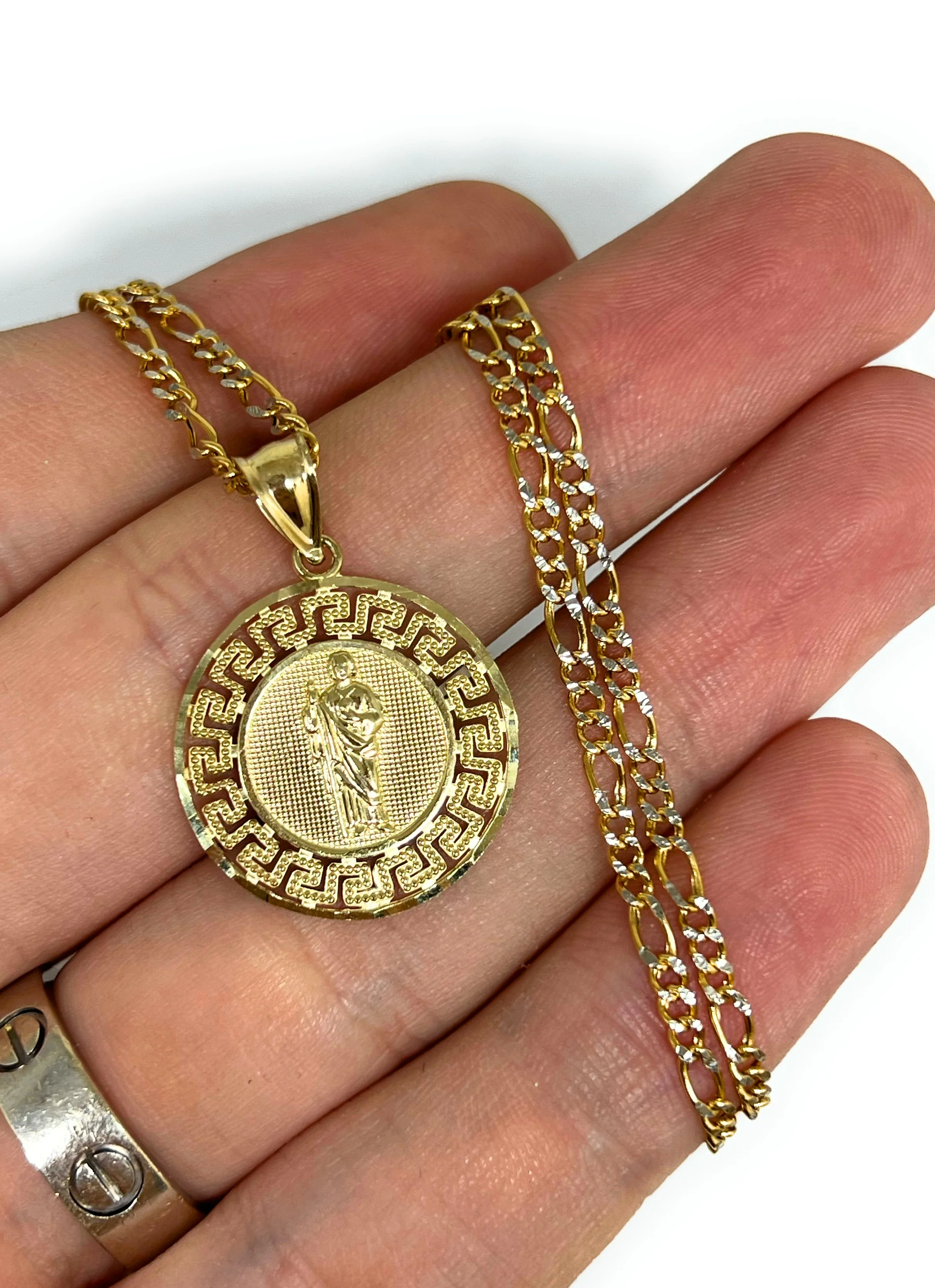 10k Solid Gold Yellow SAAN JUDAS SAAINT JUDE Greek Border Pendant Necklace - Image 2