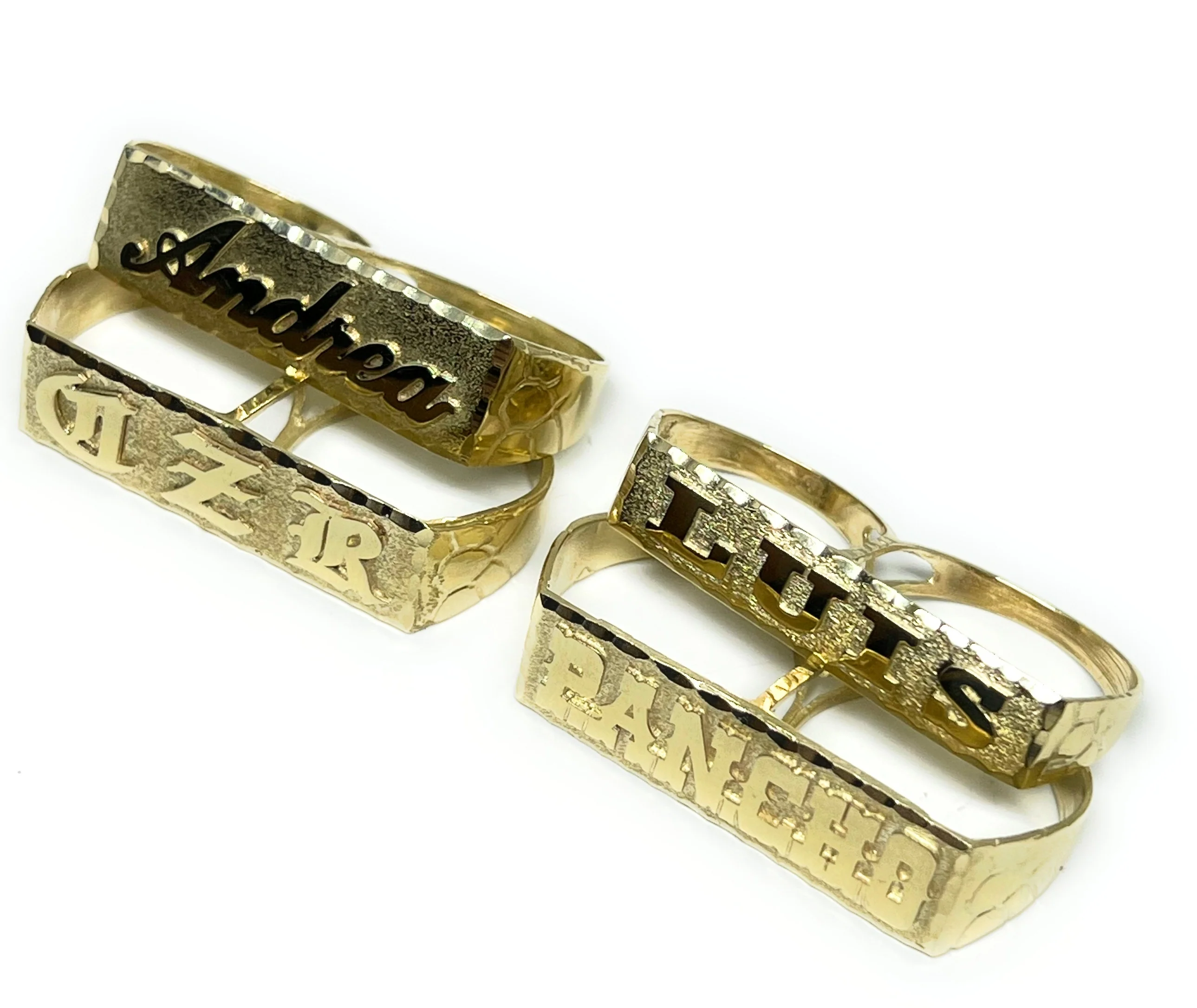 10k Solid Gold Yellow SUPERIMPOSED (SOBREPUESTO) CUSTOMIZED 3D NAME TWO FINGER RING - Image 3