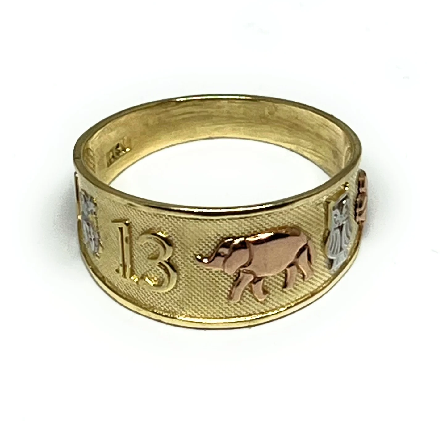 10k Solid Gold Yellow Tri-Color Lucky Symbols Ring Suerte