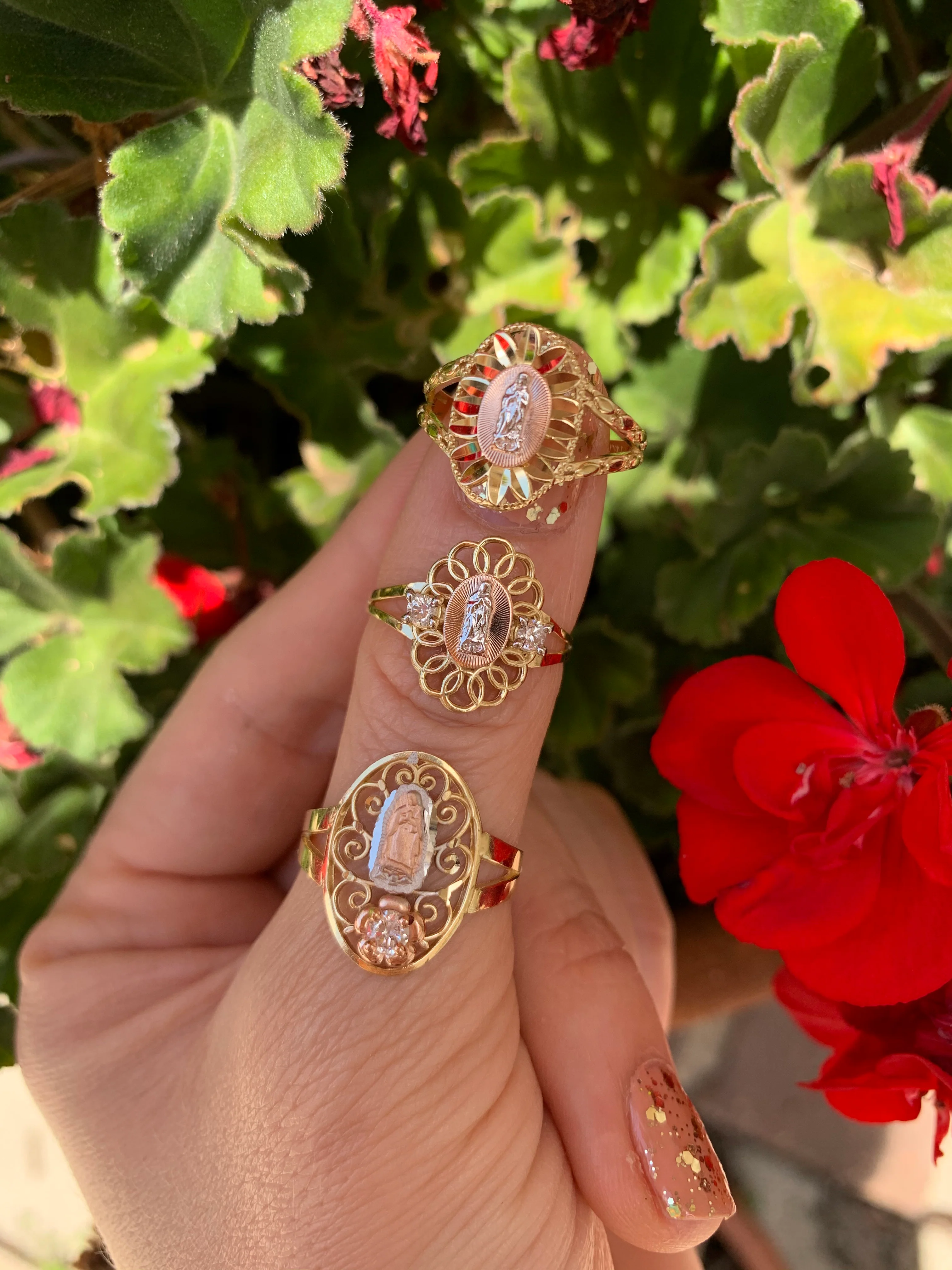 10k Solid Gold Yellow Tri-Color Virrgin Mary CZ Layered Ring - Image 4