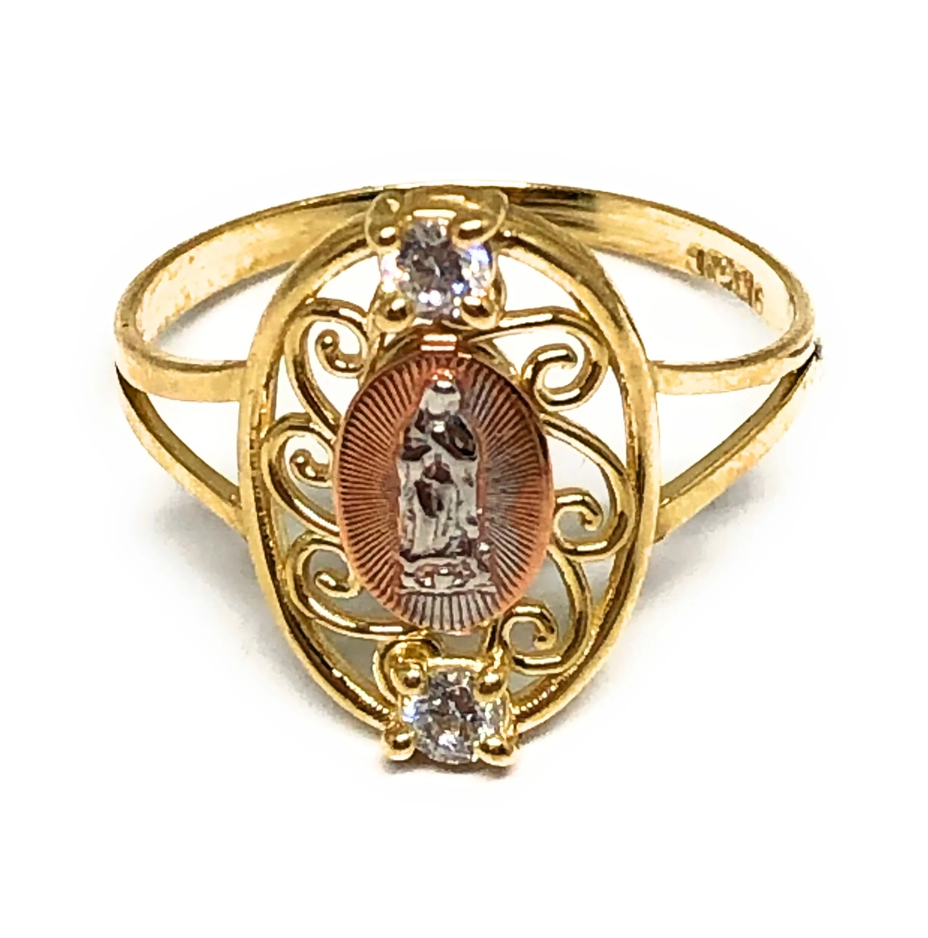 10k Solid Gold Yellow Tri-Color Virrgin Mary CZ Layered Ring