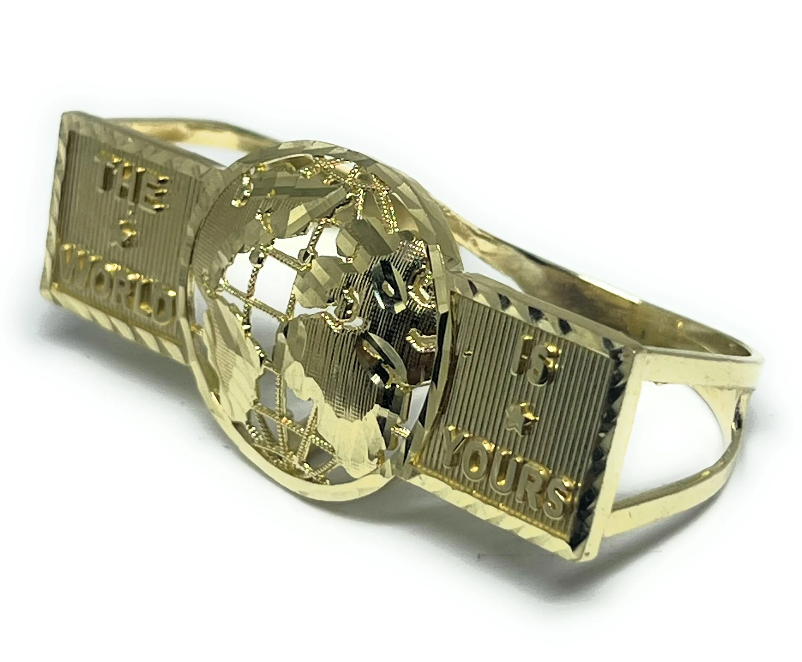 10k Solid Gold Yellow TWO FINGER "THE WORLD IS YOURS" GLOBE WORLD Ring (7.5g) - Image 6