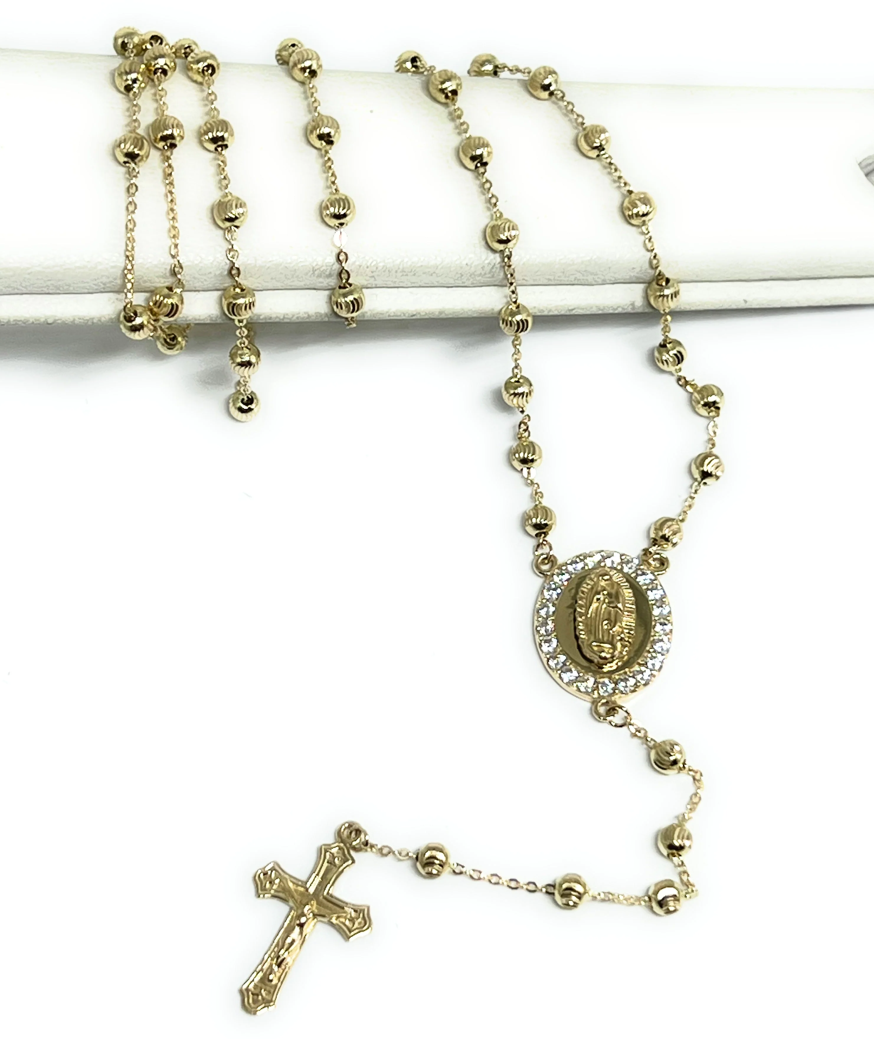 10k Solid Gold Yellow Virrgin Mary CZ Rosarry Rosarrio 20 inch Necklace 3mm (FC) - Image 5