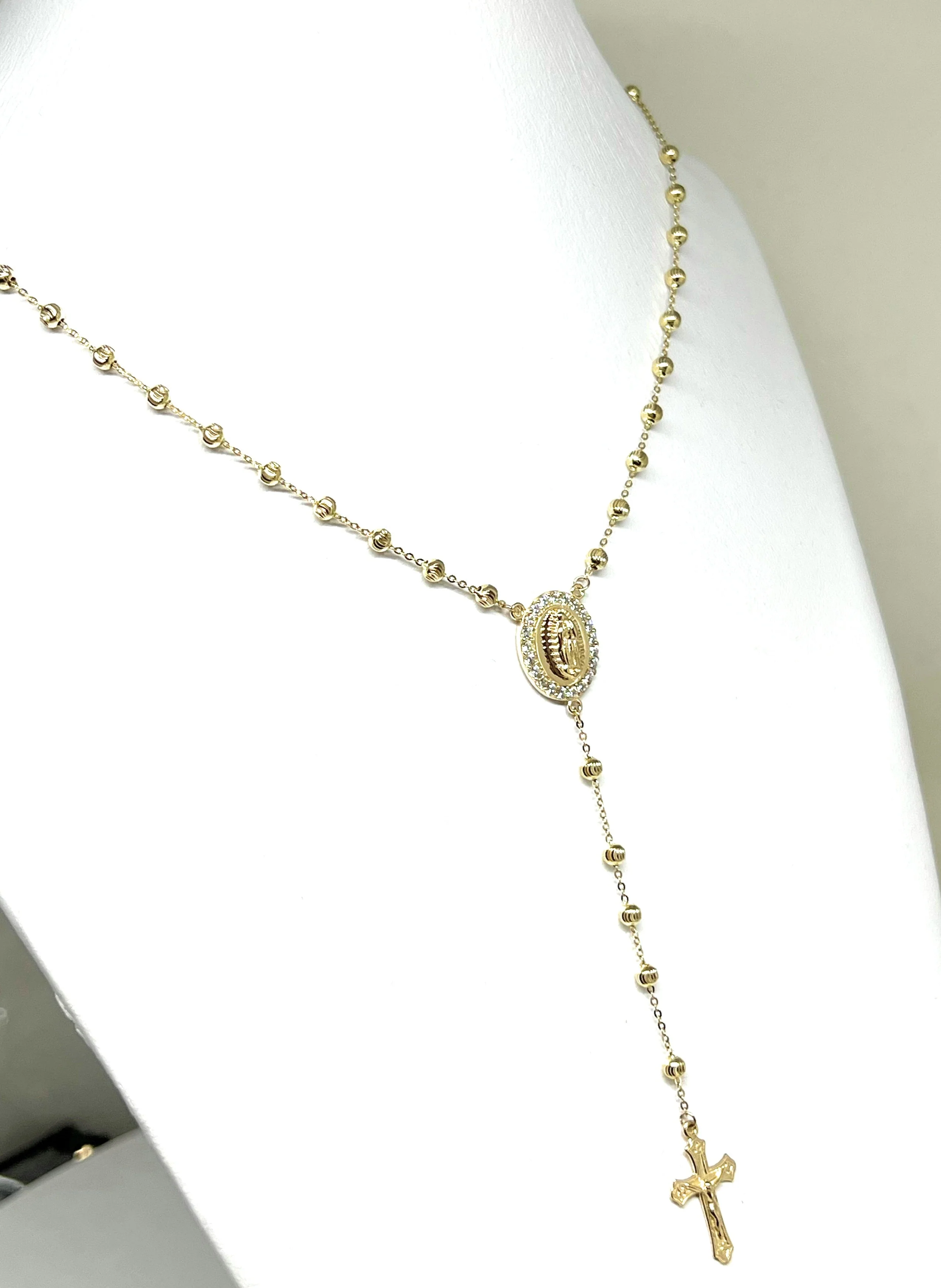 10k Solid Gold Yellow Virrgin Mary CZ Rosarry Rosarrio 20 inch Necklace 3mm (FC) - Image 6