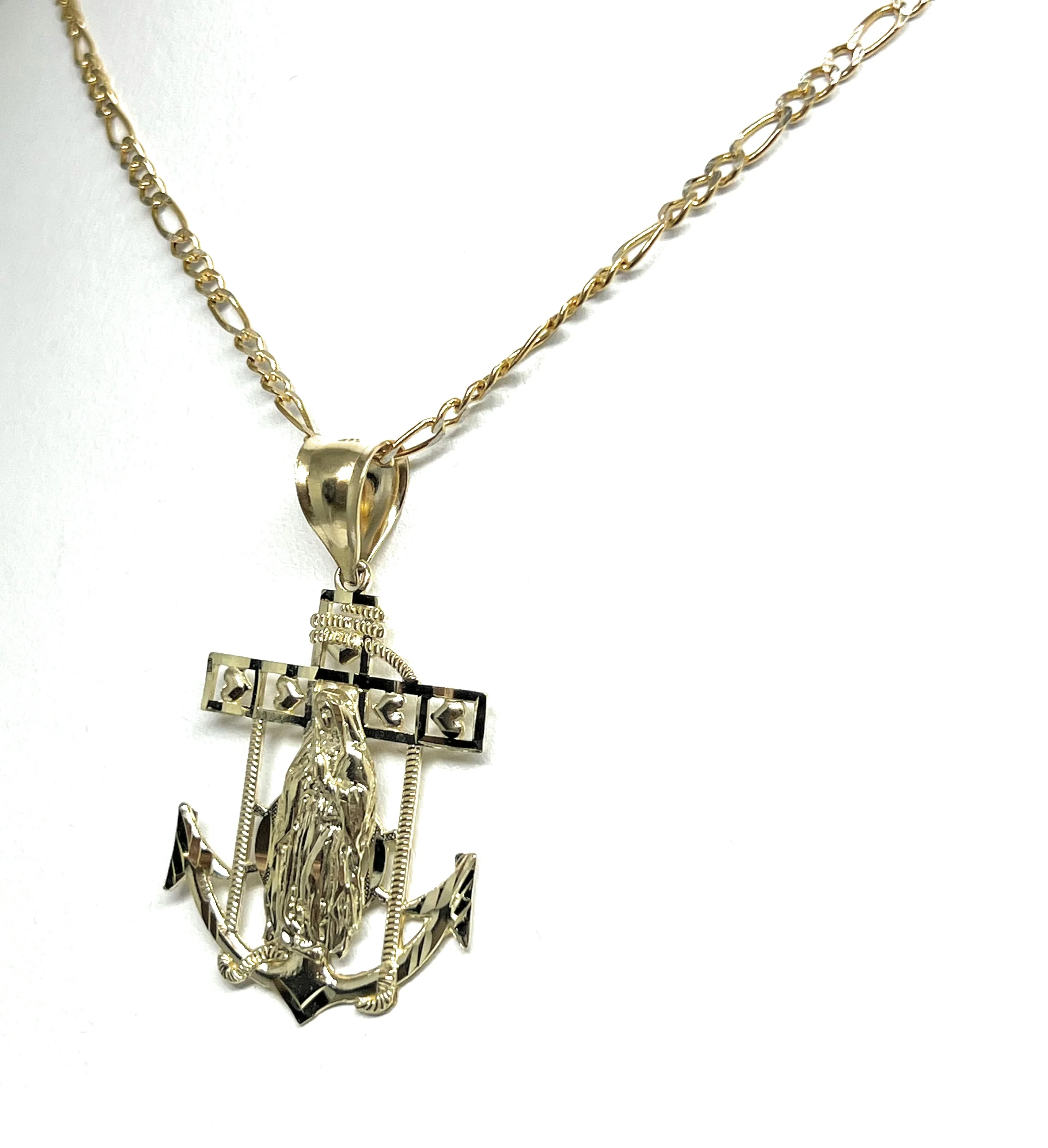 10k Solid Gold Yellow Virrgin Mary Virrgen Guadalupe Anchor Pendant Necklace - Image 6