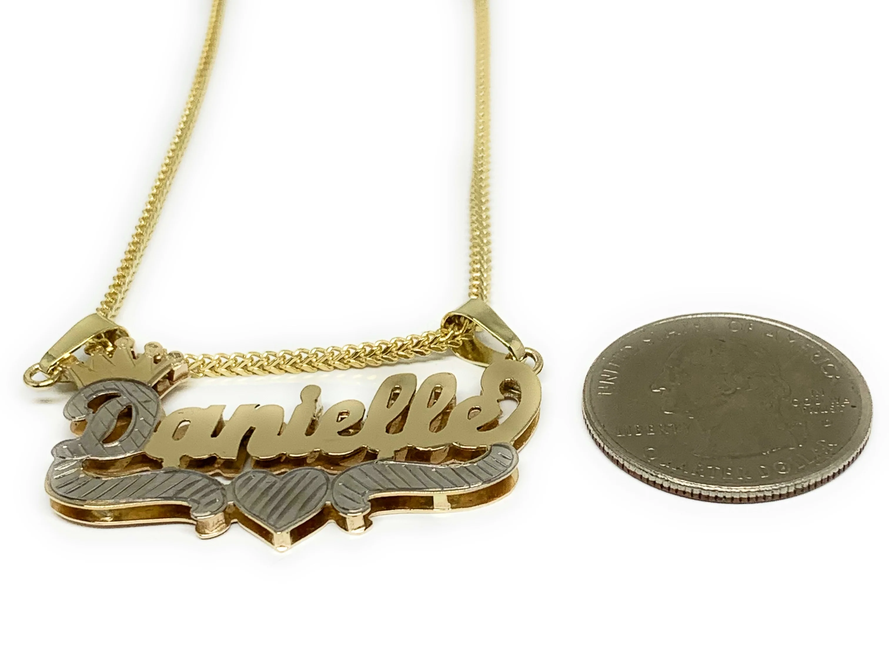 10k Solid Gold Yellow & White Custom CROWN CURSIVE WITH HEARTS 3D DOUBLE NAME ILLUSION  Nameplate Pendant Necklace with Chain Options - Image 2