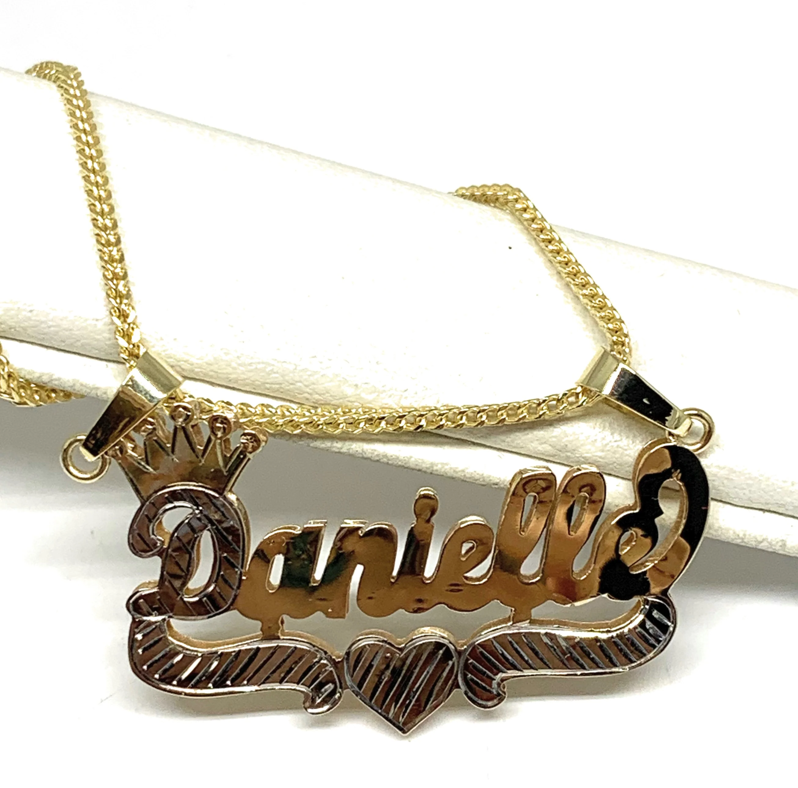 10k Solid Gold Yellow & White Custom CROWN CURSIVE WITH HEARTS 3D DOUBLE NAME ILLUSION  Nameplate Pendant Necklace with Chain Options - Image 3