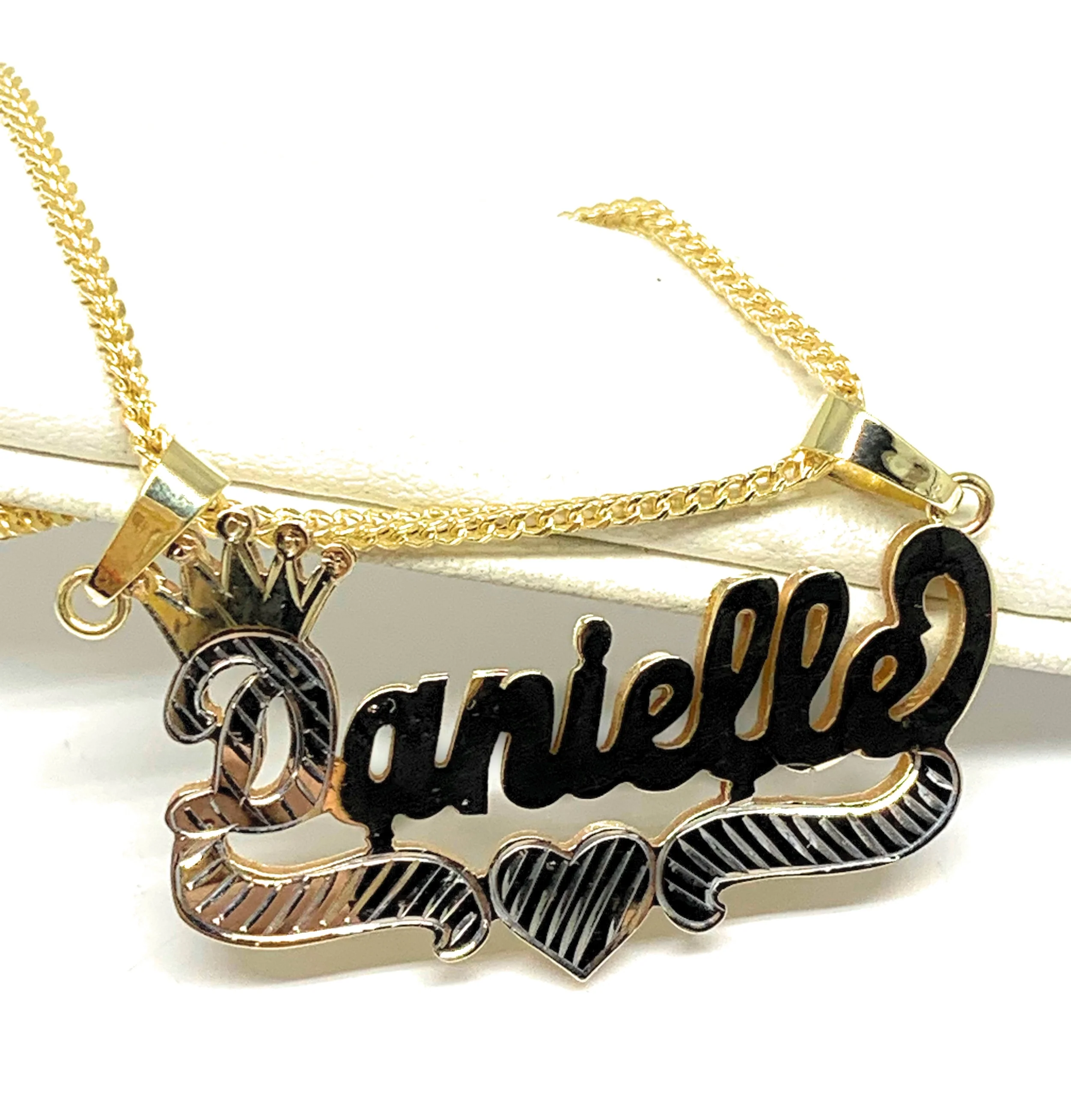 10k Solid Gold Yellow & White Custom CROWN CURSIVE WITH HEARTS 3D DOUBLE NAME ILLUSION  Nameplate Pendant Necklace with Chain Options - Image 4