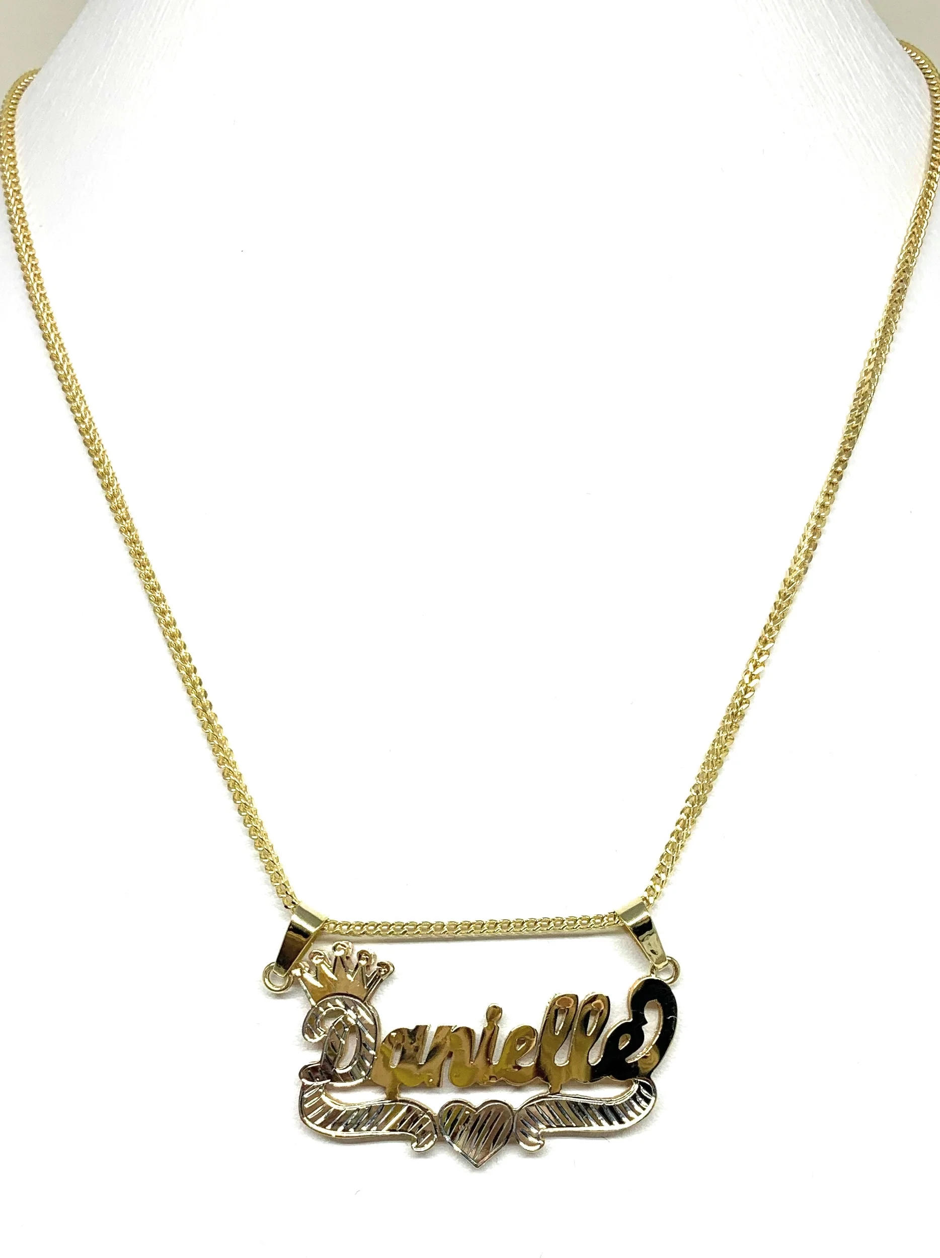 10k Solid Gold Yellow & White Custom CROWN CURSIVE WITH HEARTS 3D DOUBLE NAME ILLUSION  Nameplate Pendant Necklace with Chain Options - Image 5