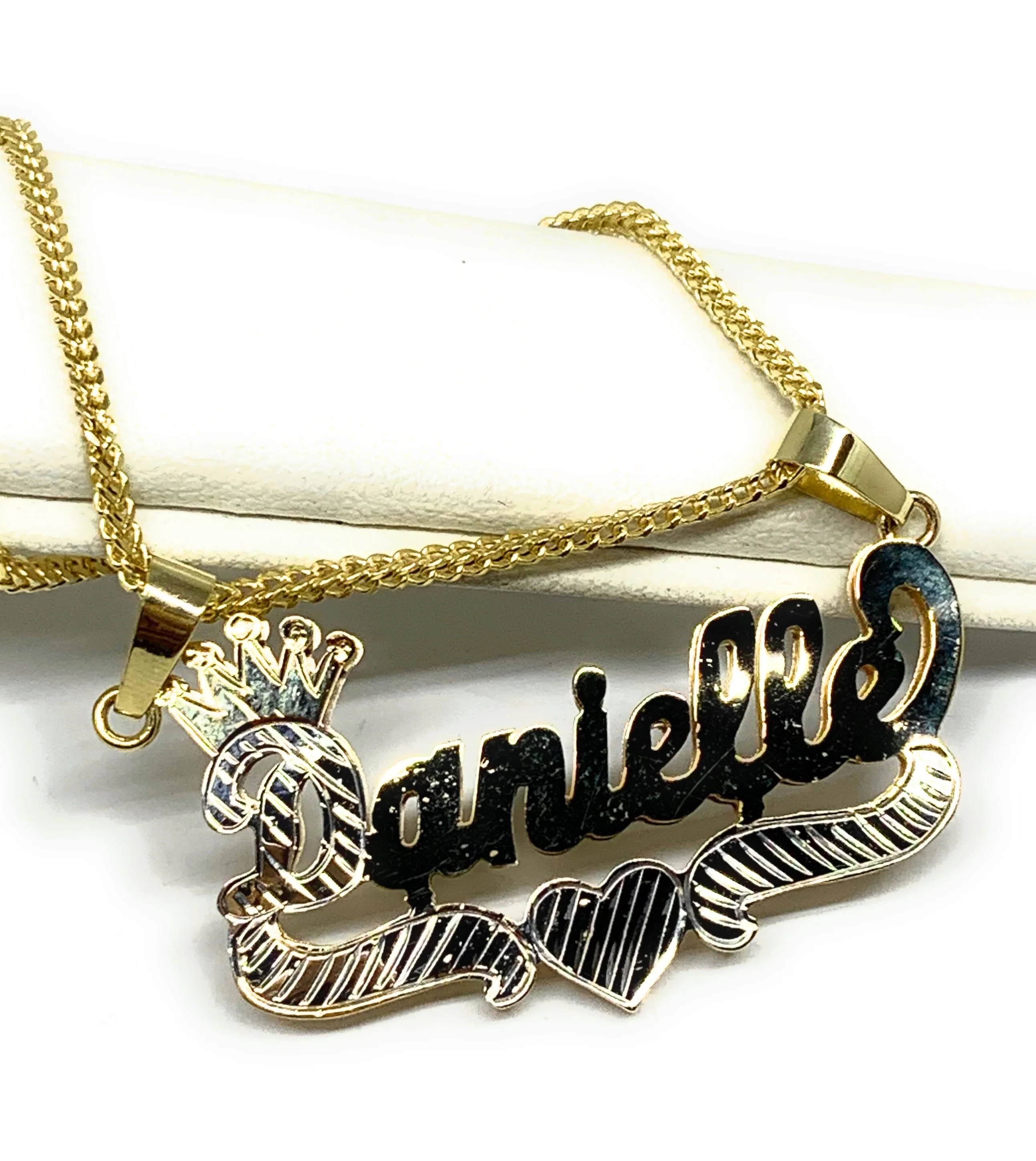 10k Solid Gold Yellow & White Custom CROWN CURSIVE WITH HEARTS 3D DOUBLE NAME ILLUSION  Nameplate Pendant Necklace with Chain Options - Image 7