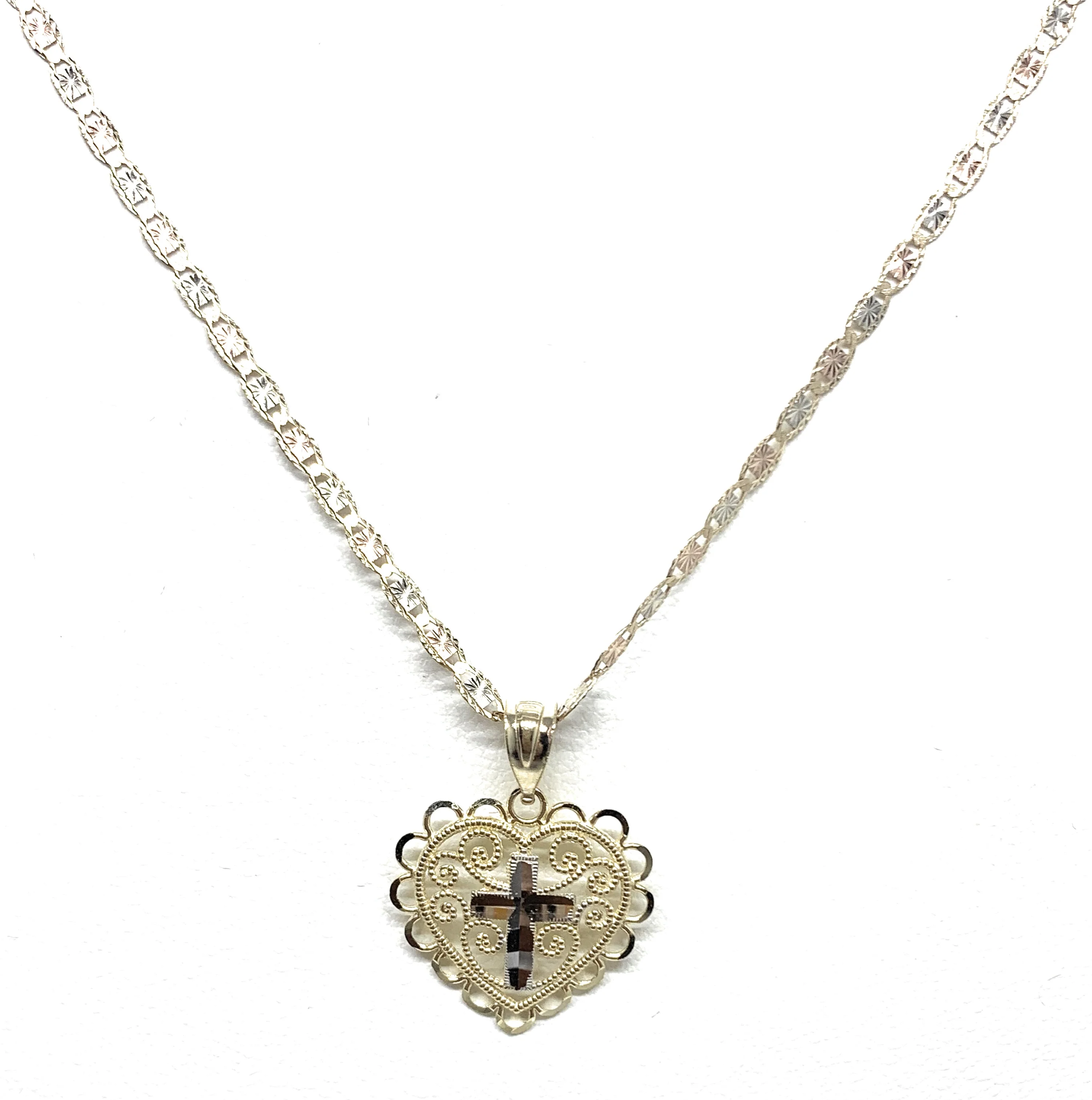 10k Solid Gold Yellow & White Gold Cross Heart Filigran Pendant Necklace - Image 3