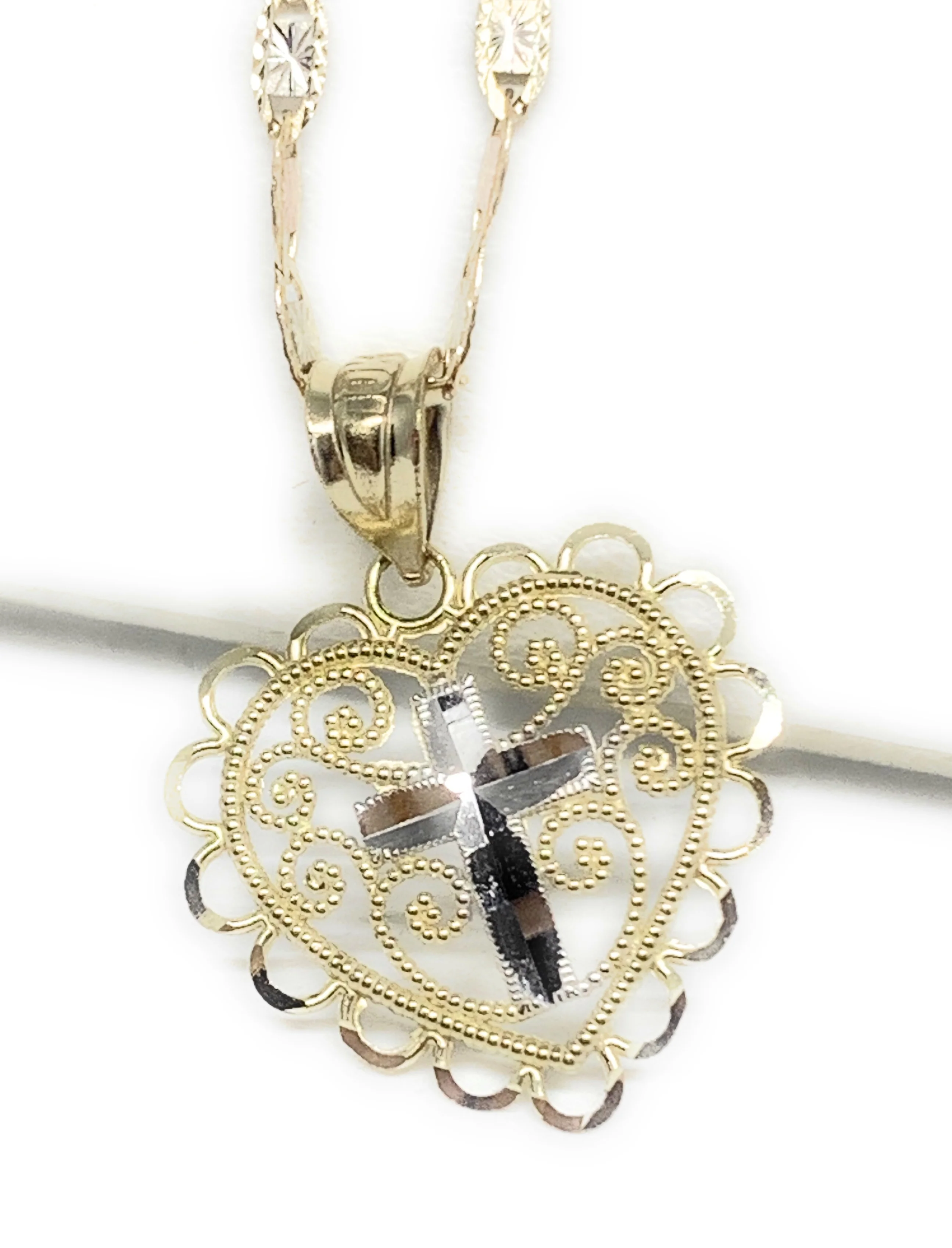 10k Solid Gold Yellow & White Gold Cross Heart Filigran Pendant Necklace - Image 4