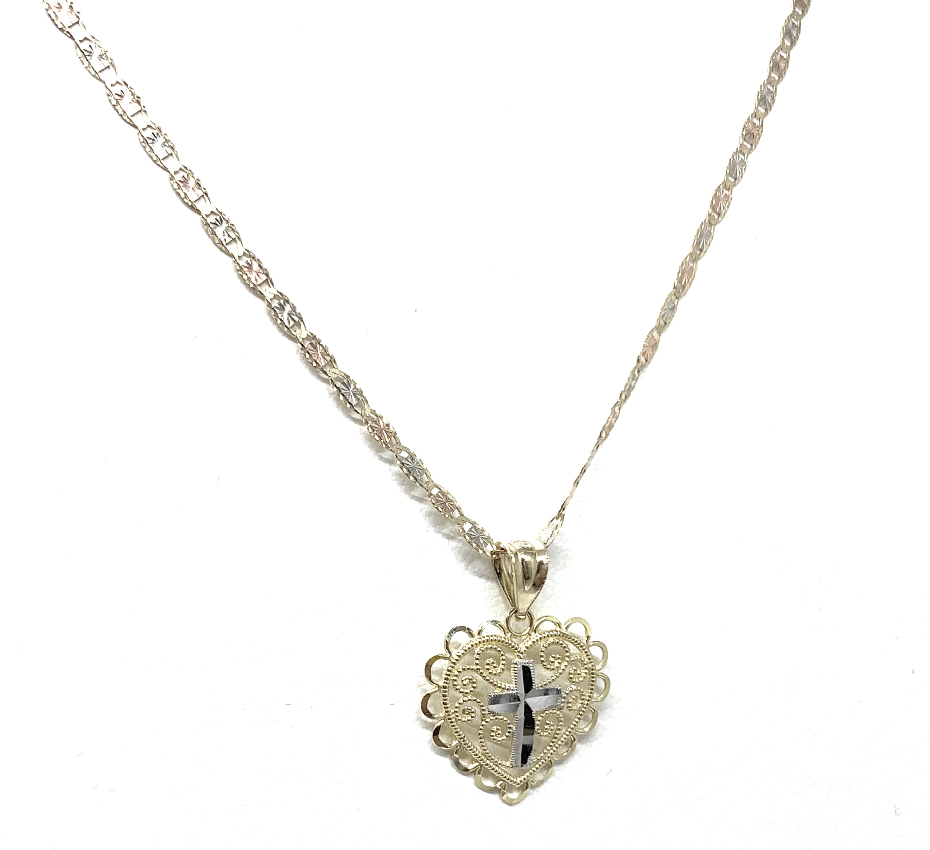 10k Solid Gold Yellow & White Gold Cross Heart Filigran Pendant Necklace - Image 6