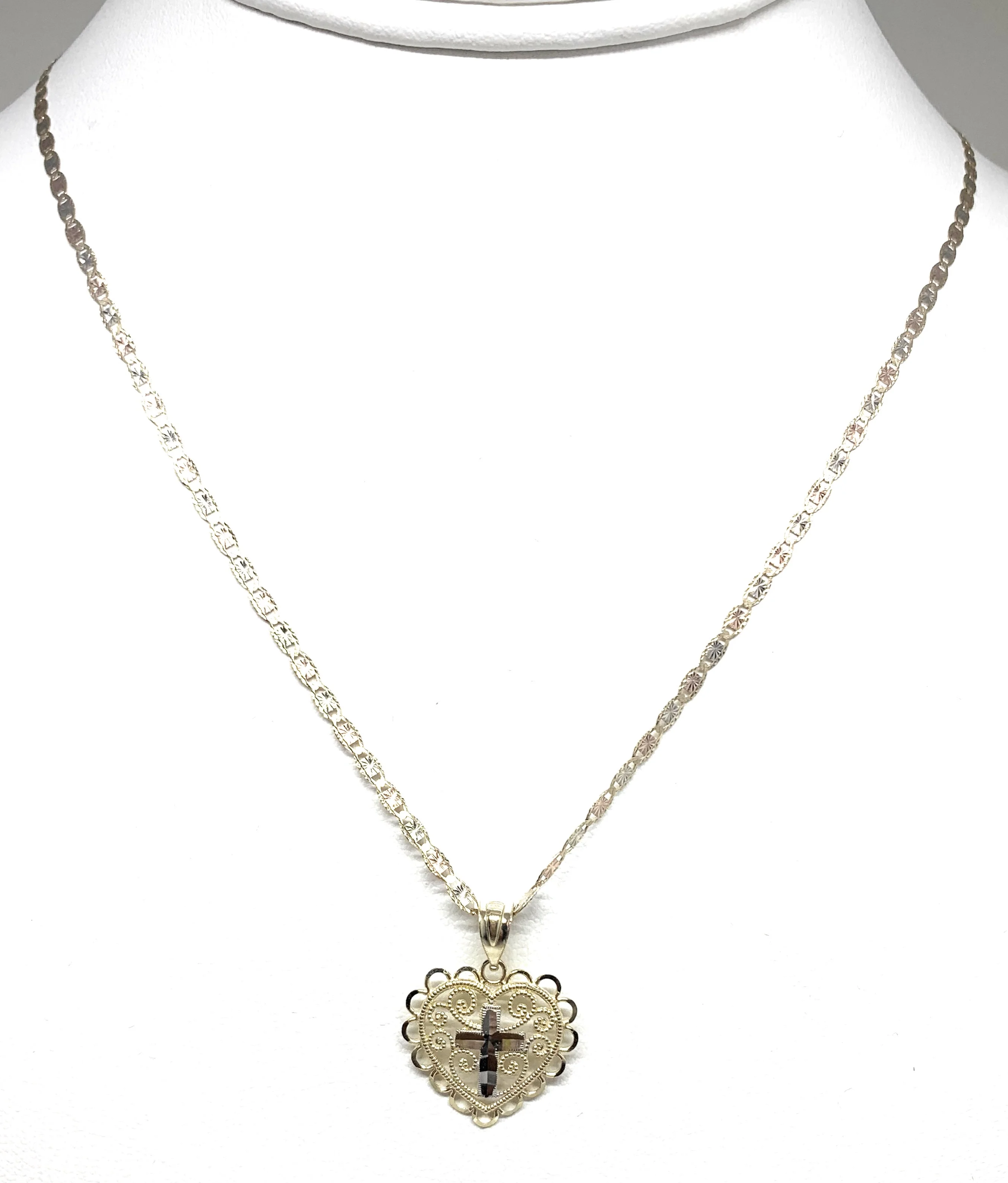 10k Solid Gold Yellow & White Gold Cross Heart Filigran Pendant Necklace - Image 7