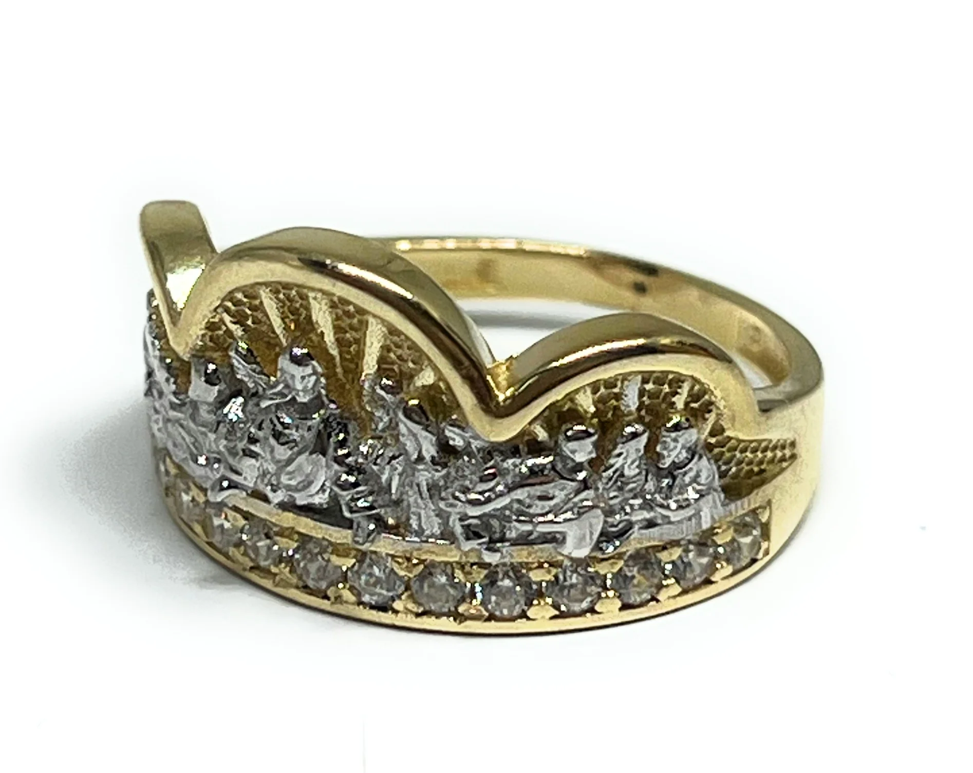 14k SOLID GOLD YELLOW & WHITE GOLD WIDE LAST SUPPER RING (6.9g) - Image 2