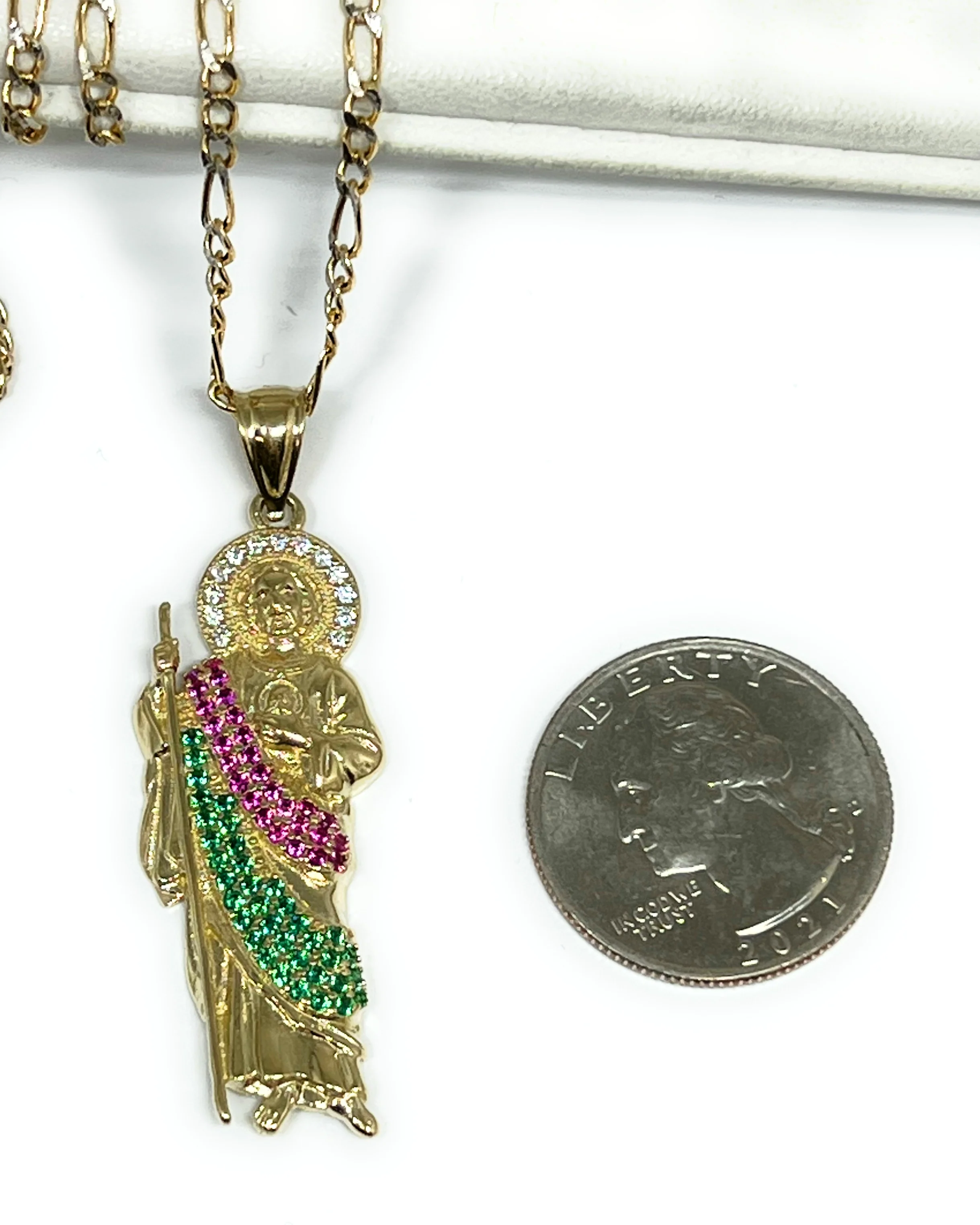 14k Solid Gold Yellow White, Green, Red CZ Saan Judas Saaint Jude Pendant with Chain Optional (MED, LG) - Image 2