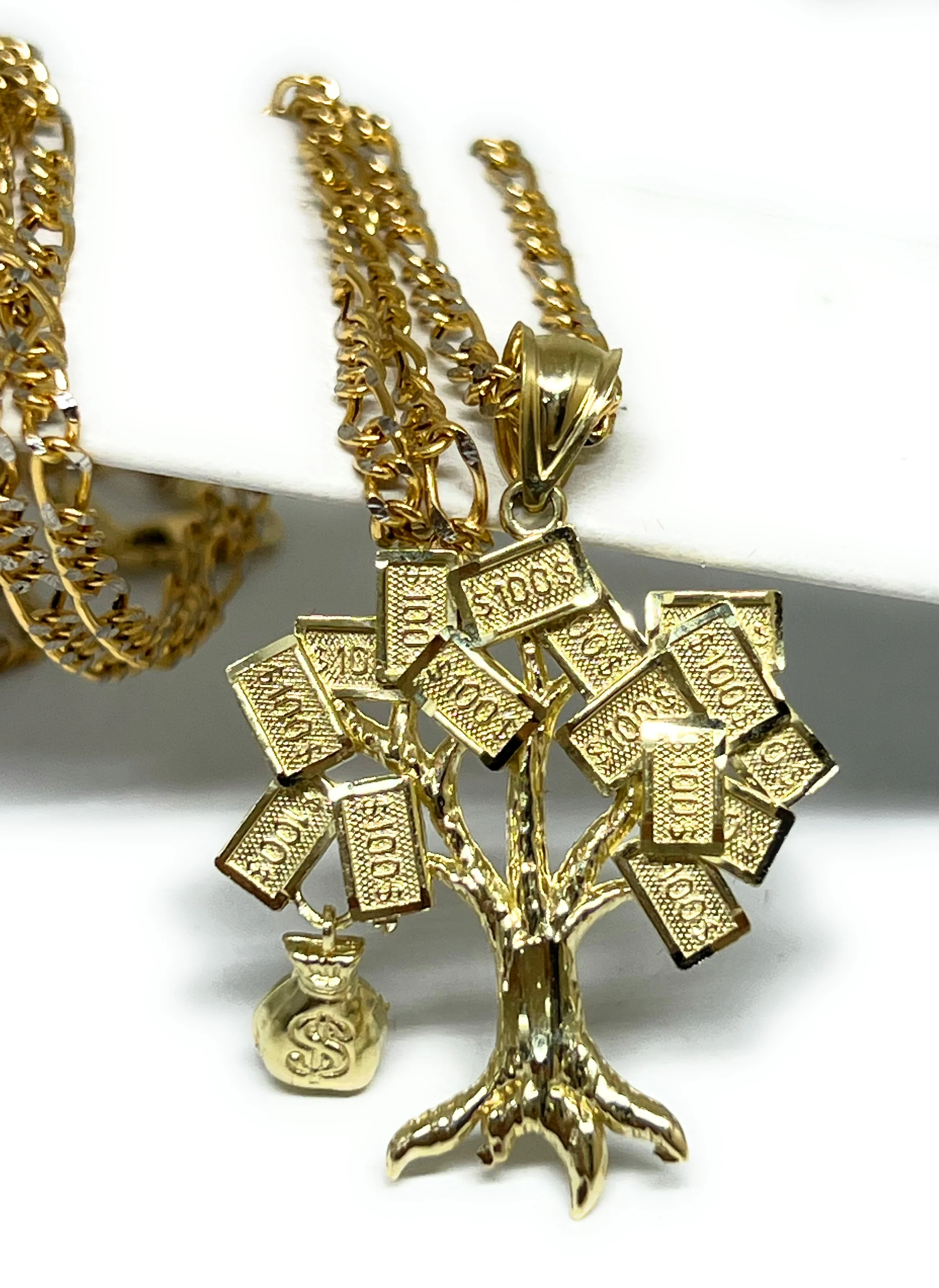 10k Solid Gold Money TREE Dollars Pendant Necklace