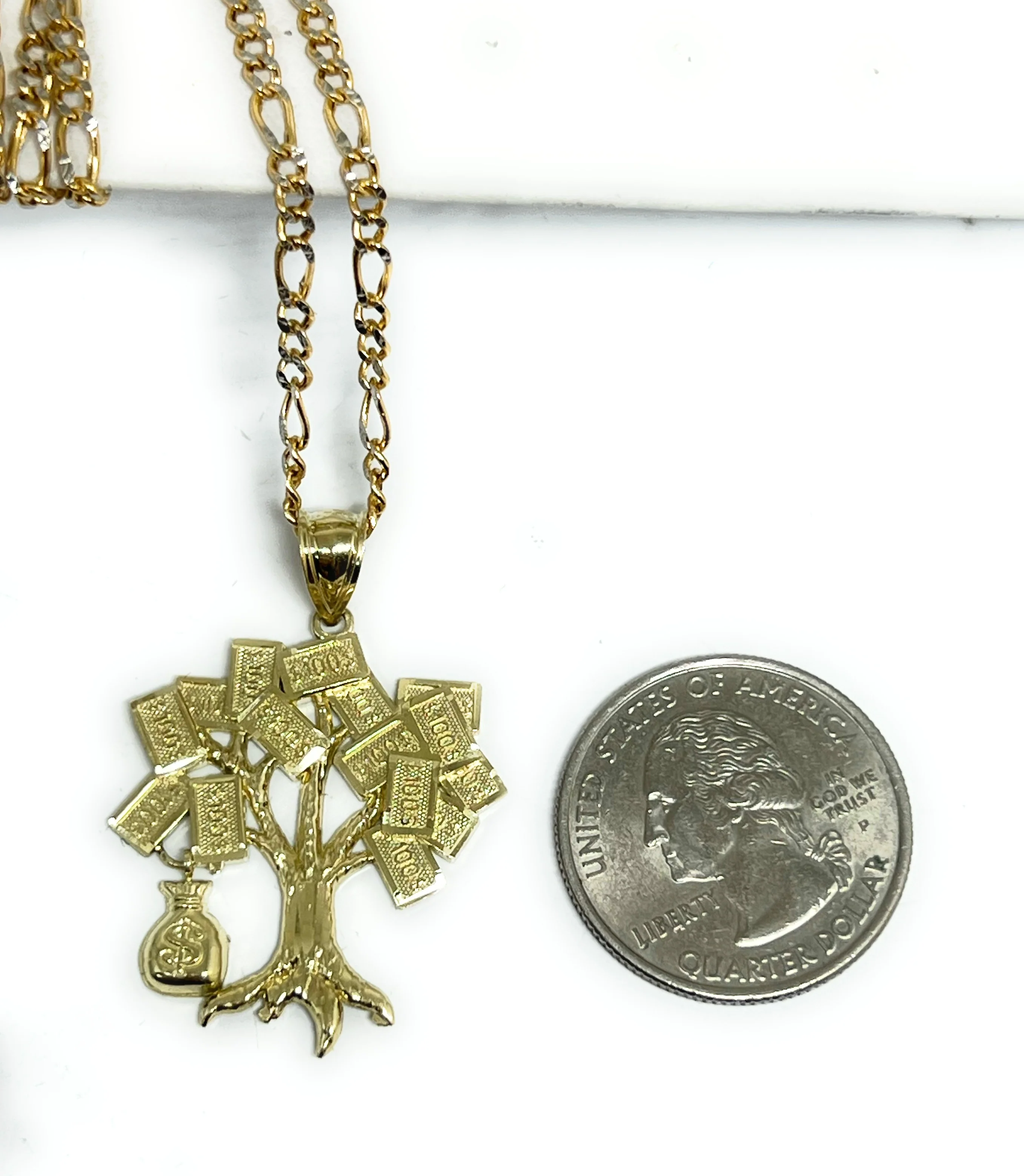 10k Solid Gold Money TREE Dollars Pendant Necklace - Image 3