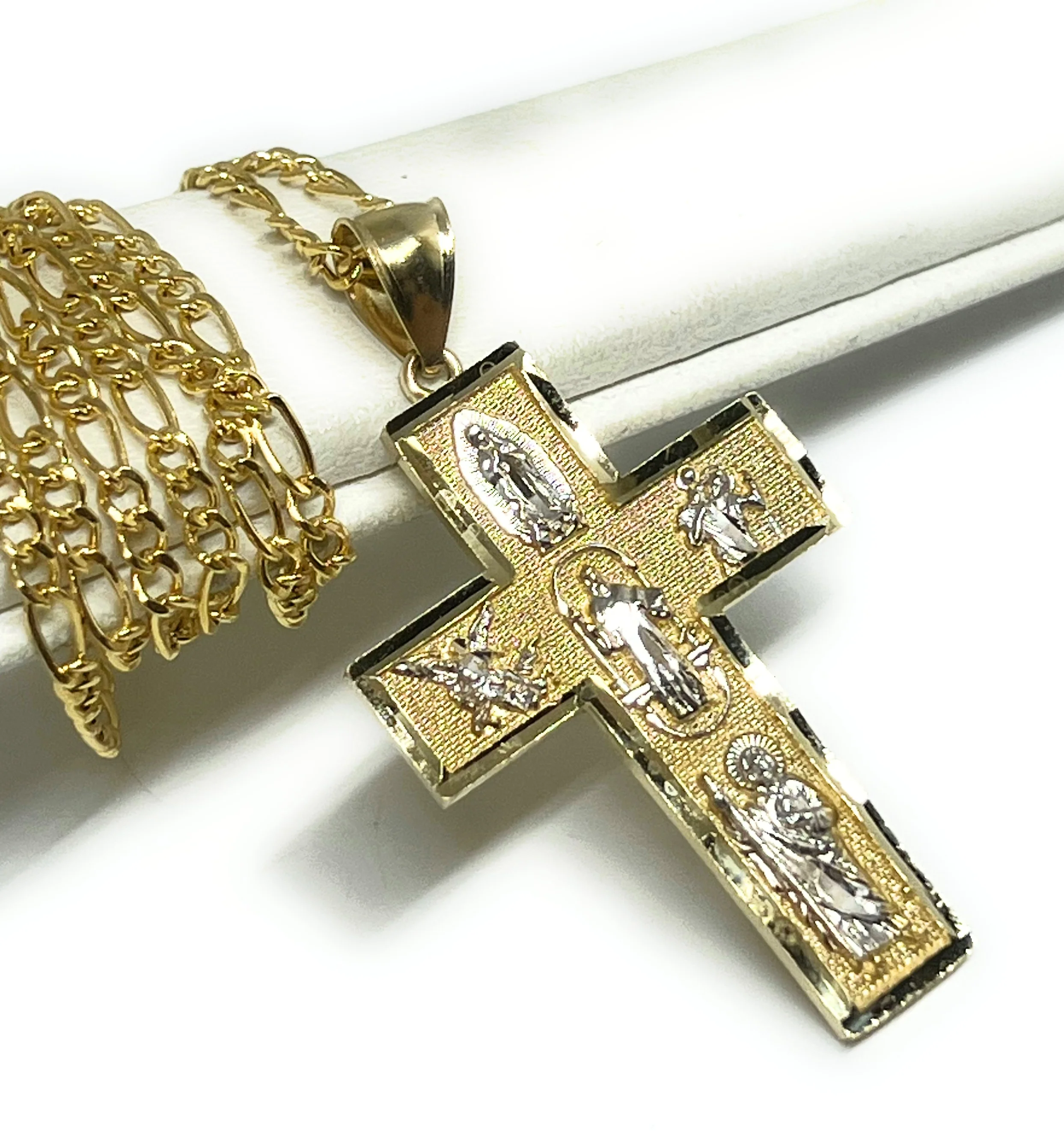 14k Solid Gold 2-Tone 5 Way Pendant Necklace Virrgin Mary, Sann Bennito, St. Michael, Saan Judas, Nino Dios (SM, MED) - Image 4