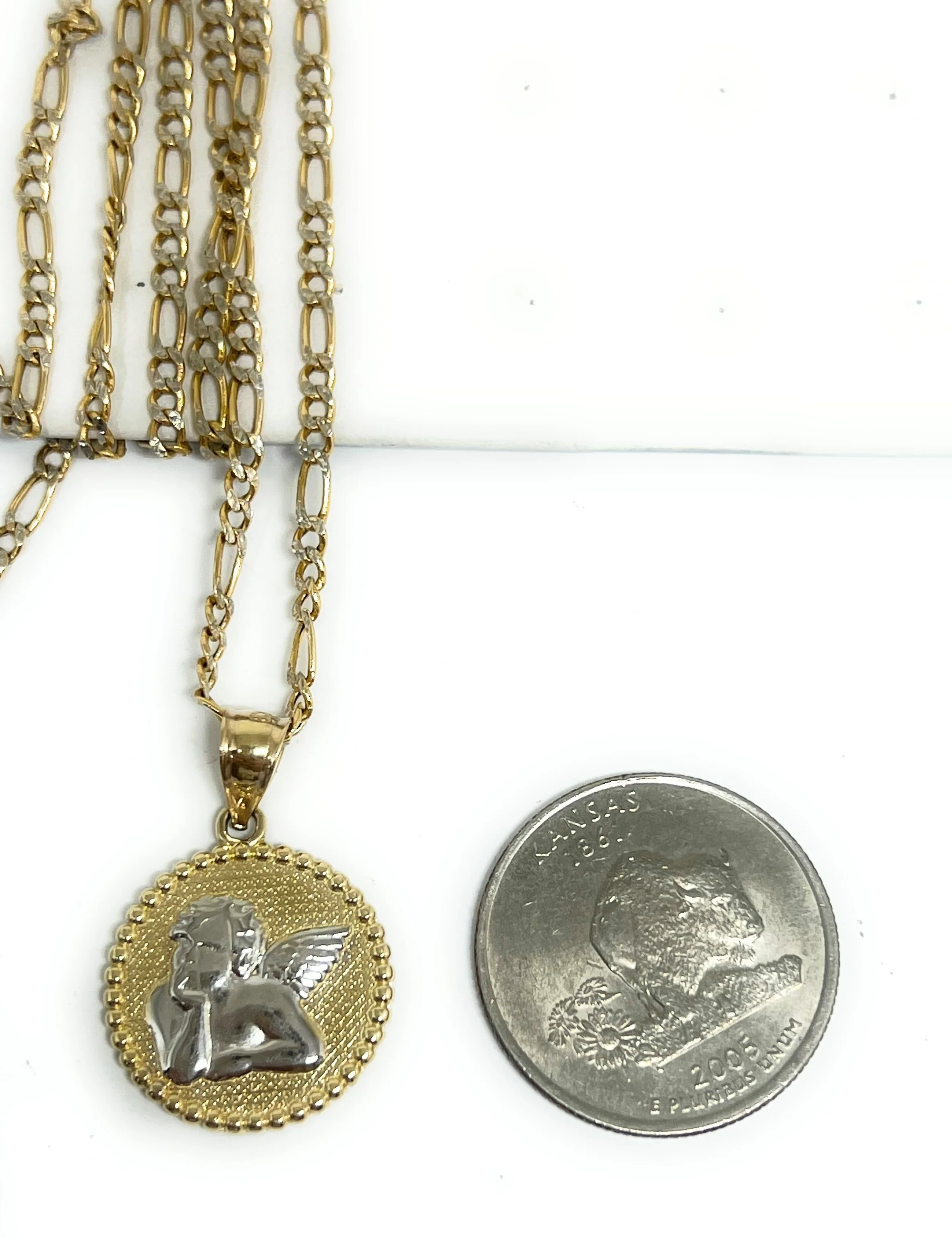 14k Solid Gold 2-Tone ANGEL MEDALLION Pendant Necklace - Image 2