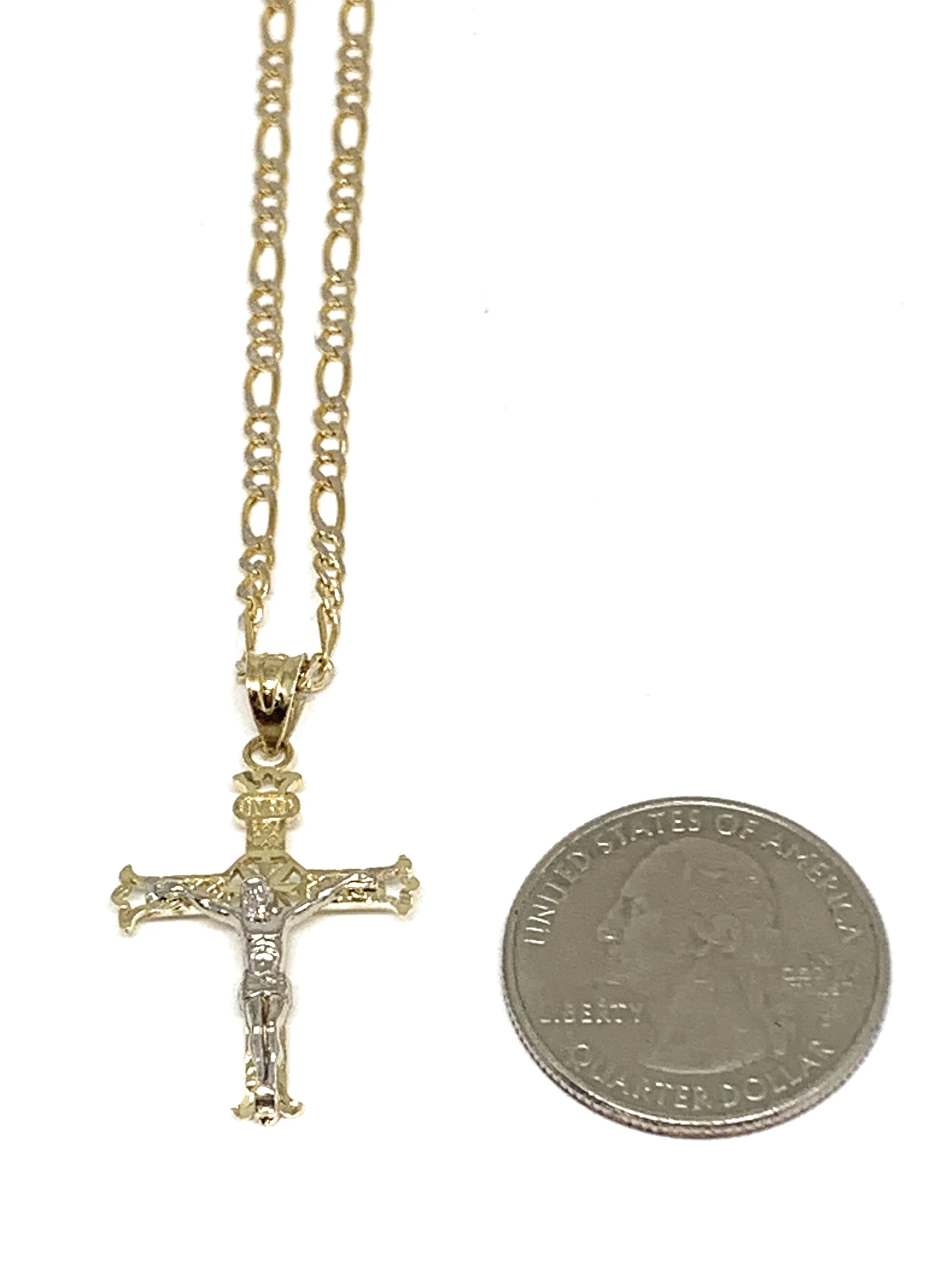 14k Solid Gold 2-Tone Classic Jesus Cross Pendant Necklace Crucifix With Figaro Chain - Image 2