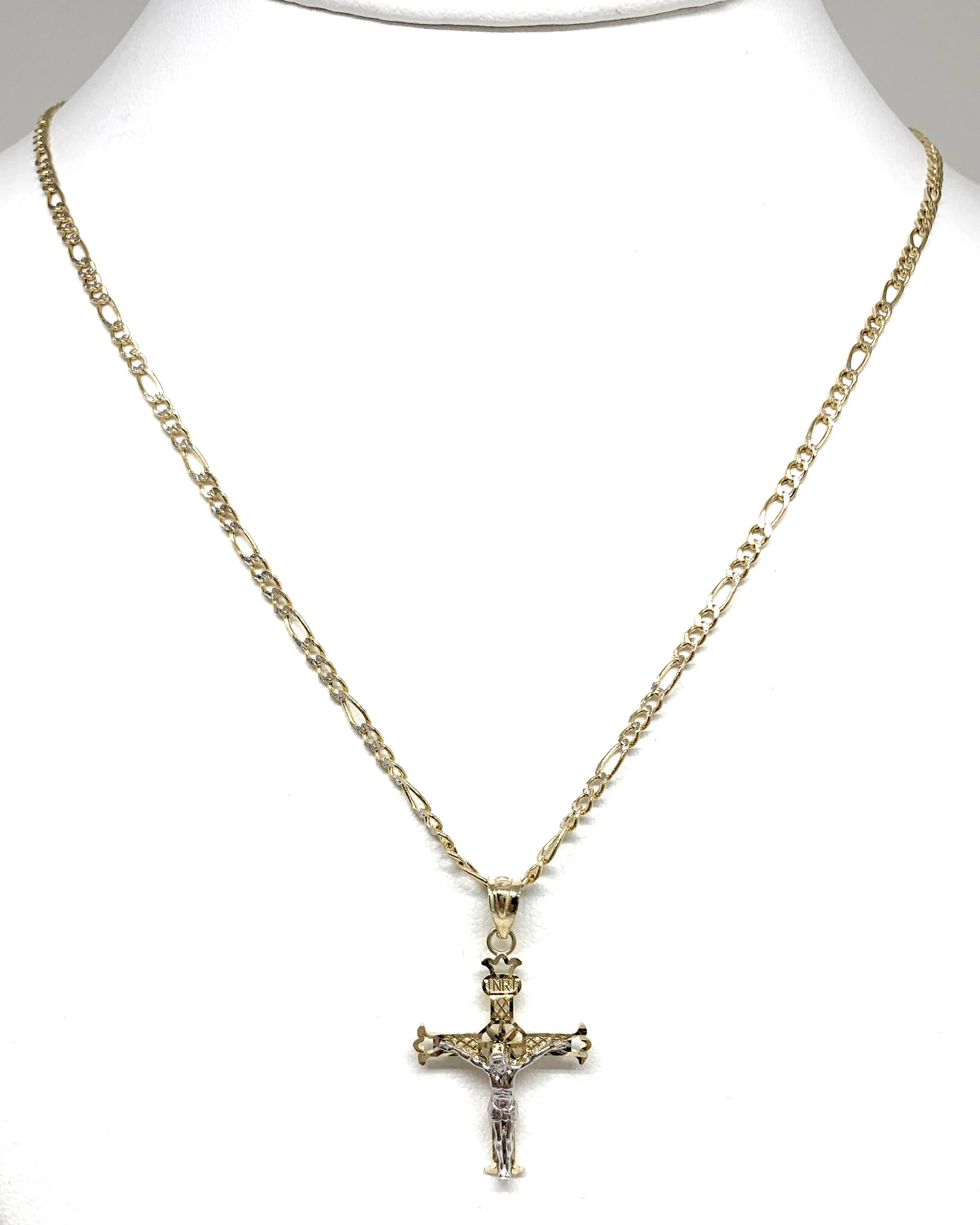 14k Solid Gold 2-Tone Classic Jesus Cross Pendant Necklace Crucifix With Figaro Chain - Image 3