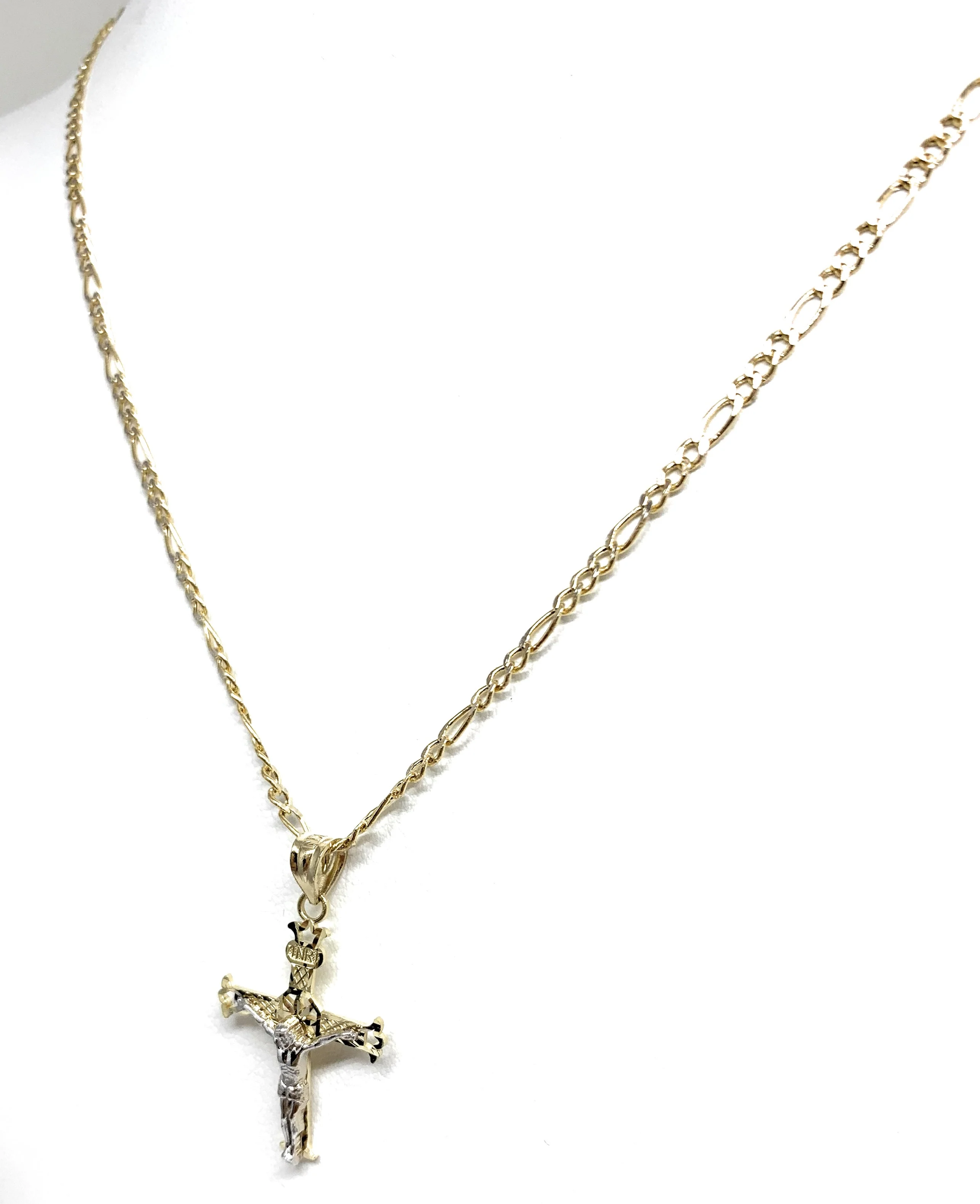 14k Solid Gold 2-Tone Classic Jesus Cross Pendant Necklace Crucifix With Figaro Chain - Image 4