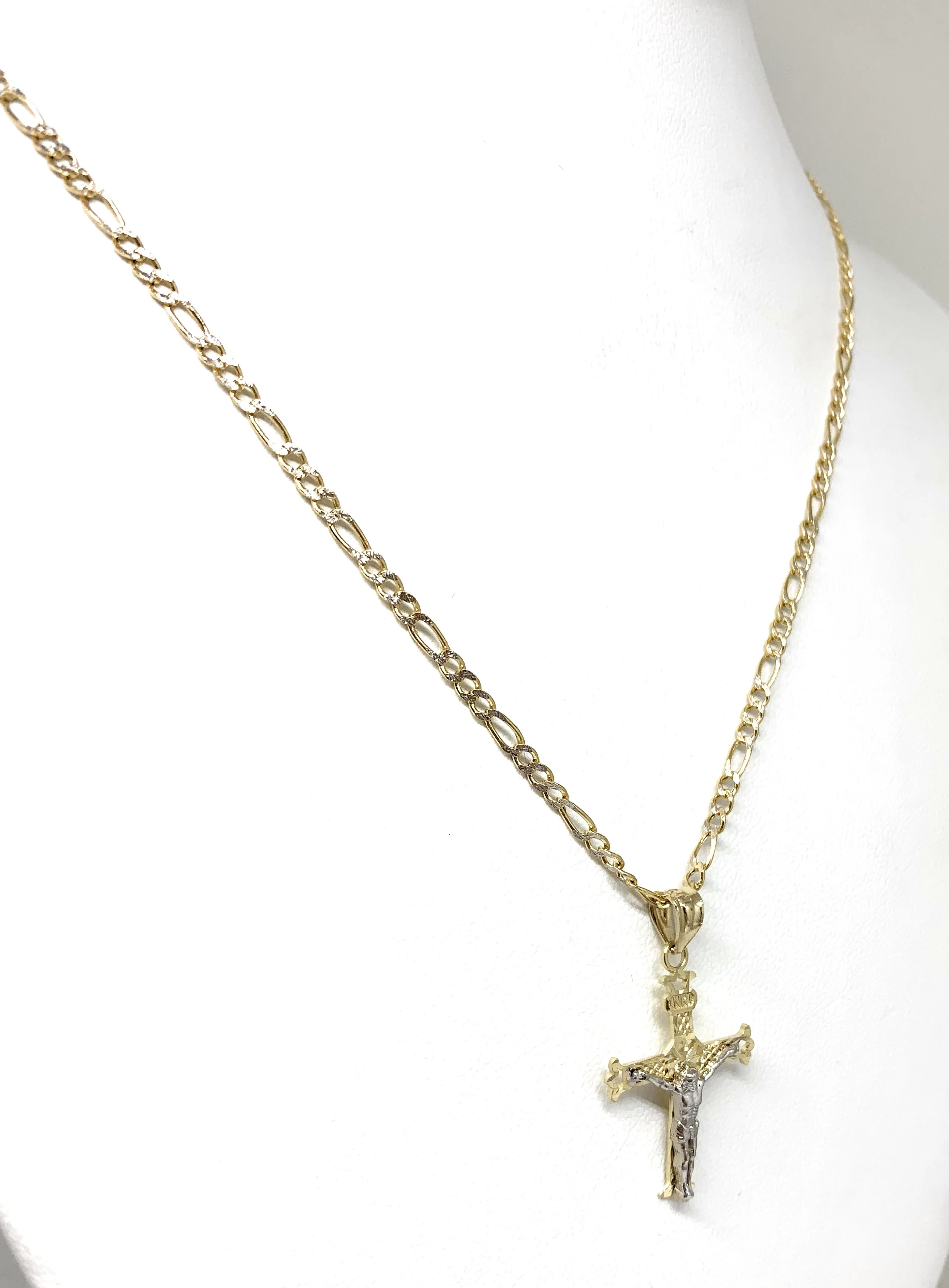 14k Solid Gold 2-Tone Classic Jesus Cross Pendant Necklace Crucifix With Figaro Chain - Image 5