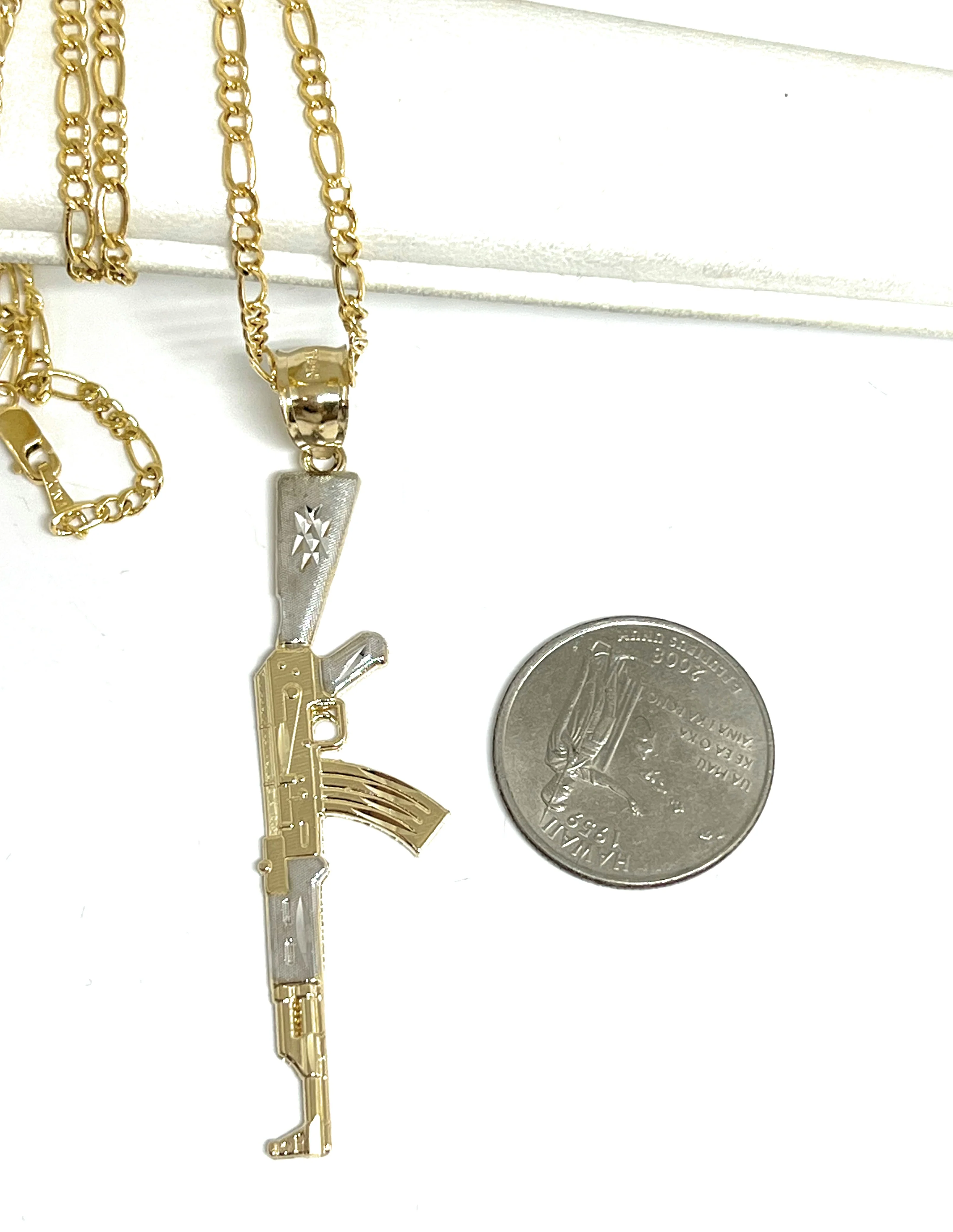 14k Solid Gold 2-Tone Classic Machine Gun AK-47 Detailed Pendant Necklace - Image 2