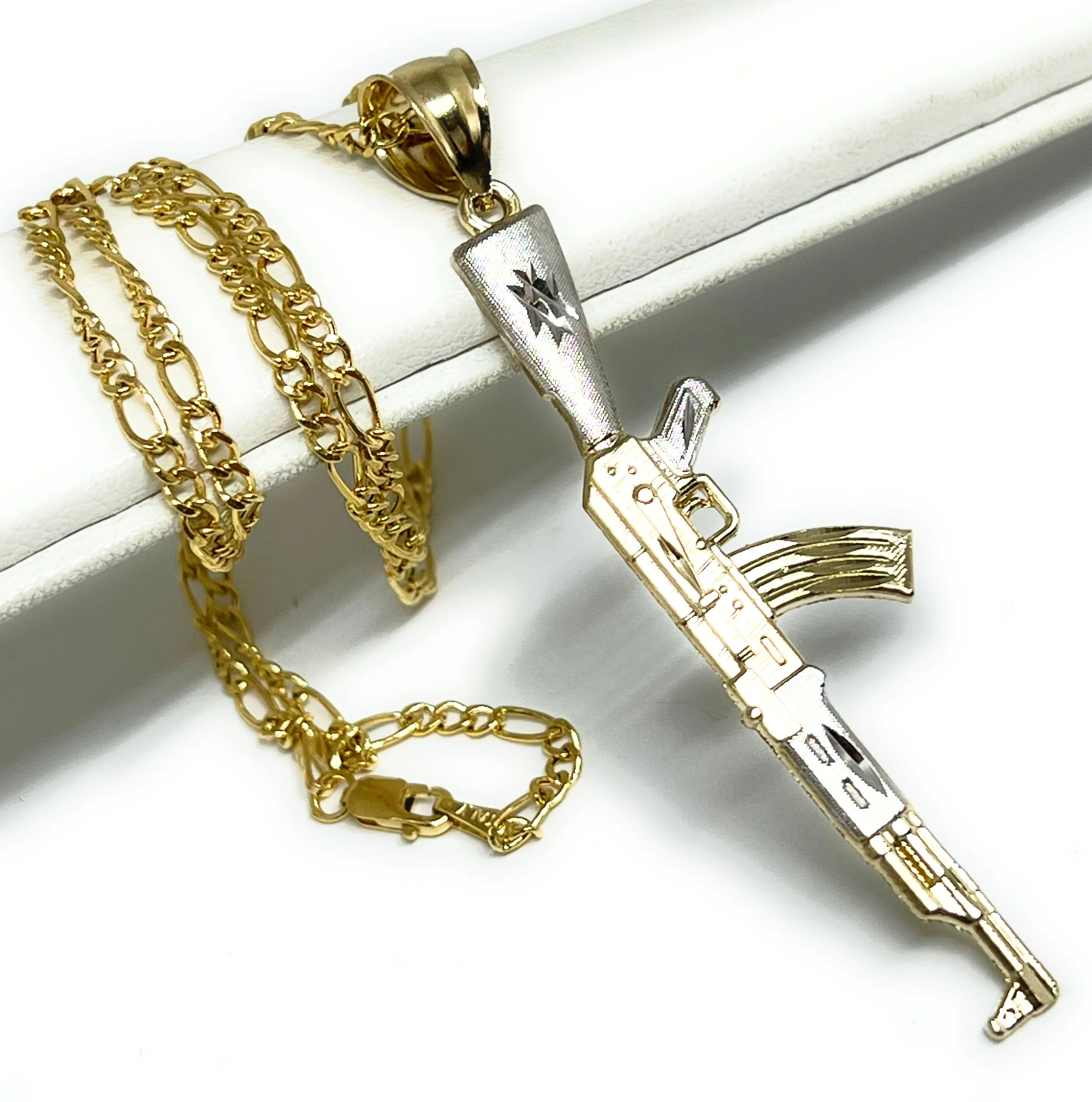 14k Solid Gold 2-Tone Classic Machine Gun AK-47 Detailed Pendant Necklace - Image 3