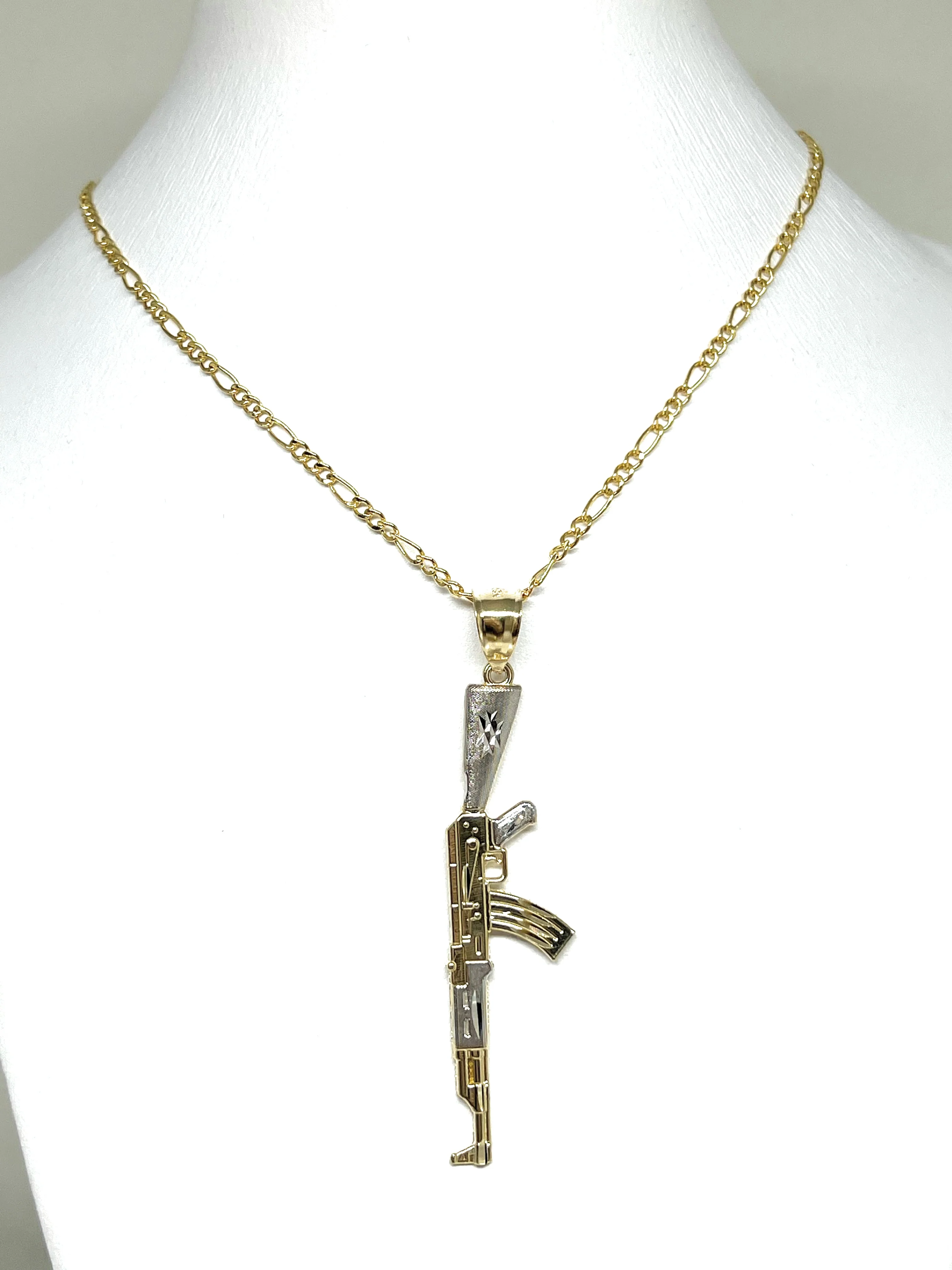 14k Solid Gold 2-Tone Classic Machine Gun AK-47 Detailed Pendant Necklace - Image 4